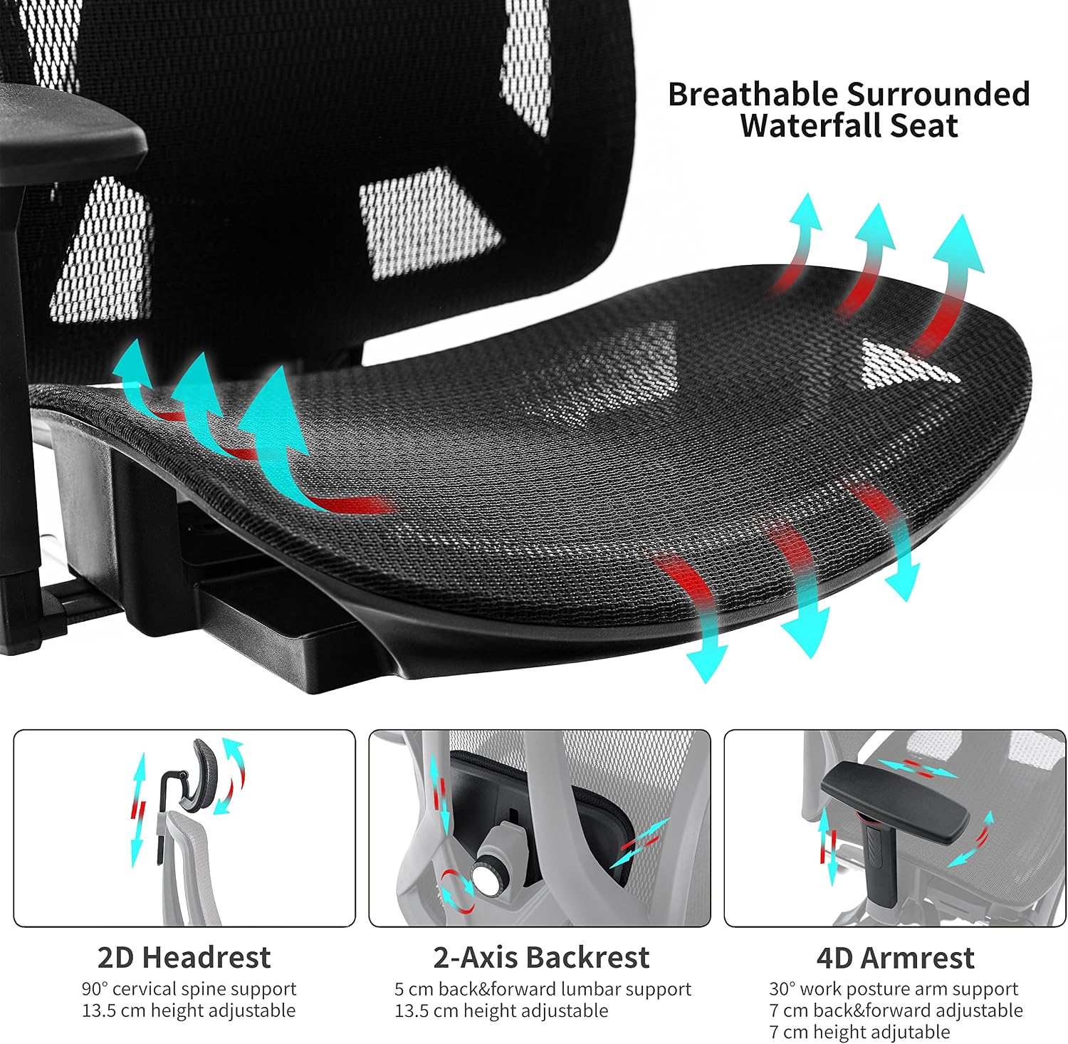 HOMESTOOL Office Chair Ergonomic Desk Chair with 2-axis Adjustable Lumbar Support, Carbon Fabric Mesh Chair PC Computer Chair High Back Office Chair with Waterfall Seat 330lbs Capacity Black