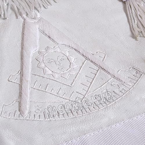 Miniatura 2 de MasonicHub Past Master - Delantal masónico con flecos blancos 100% piel de cordero bordado a mano cuadrado y brújula, Blanco puro