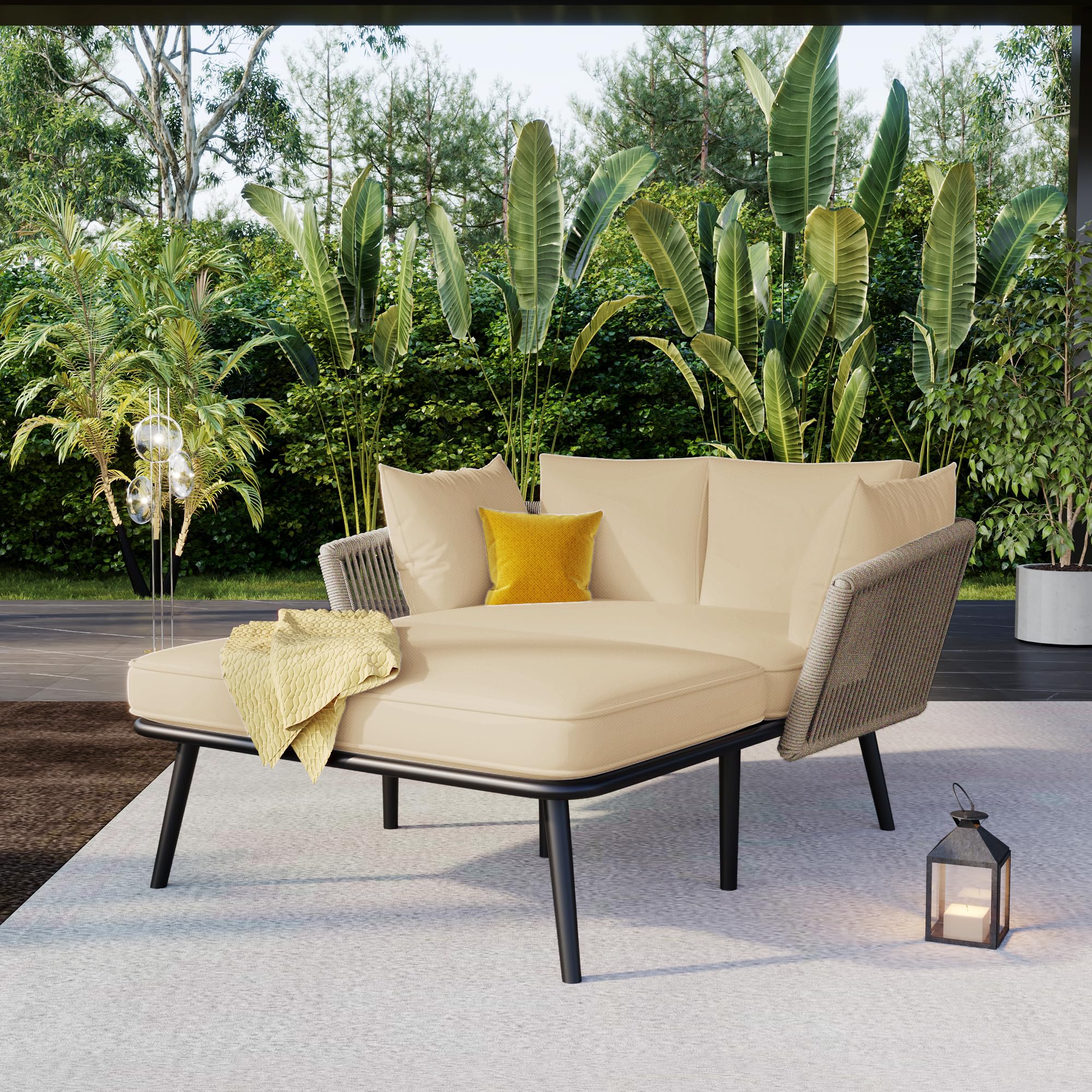 Sofá de jardín con 2 cojines y 2 cojines, tumbona para exteriores, salón de jardín, juego de muebles de balcón, muebles de salón, muebles de terraza, cojines extraíbles y lavables (caqui)