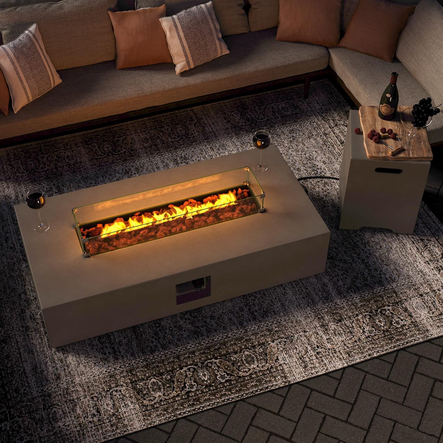 SUNBURY Propane Fire Pit for Outside, Outdoor Rectangle Fire Table 50,000 BTU Fire Pits Table, Gray Gas Fire Pit w 20 Gallon Tank Cover, Glass Wind Guard, Waterproof Cover