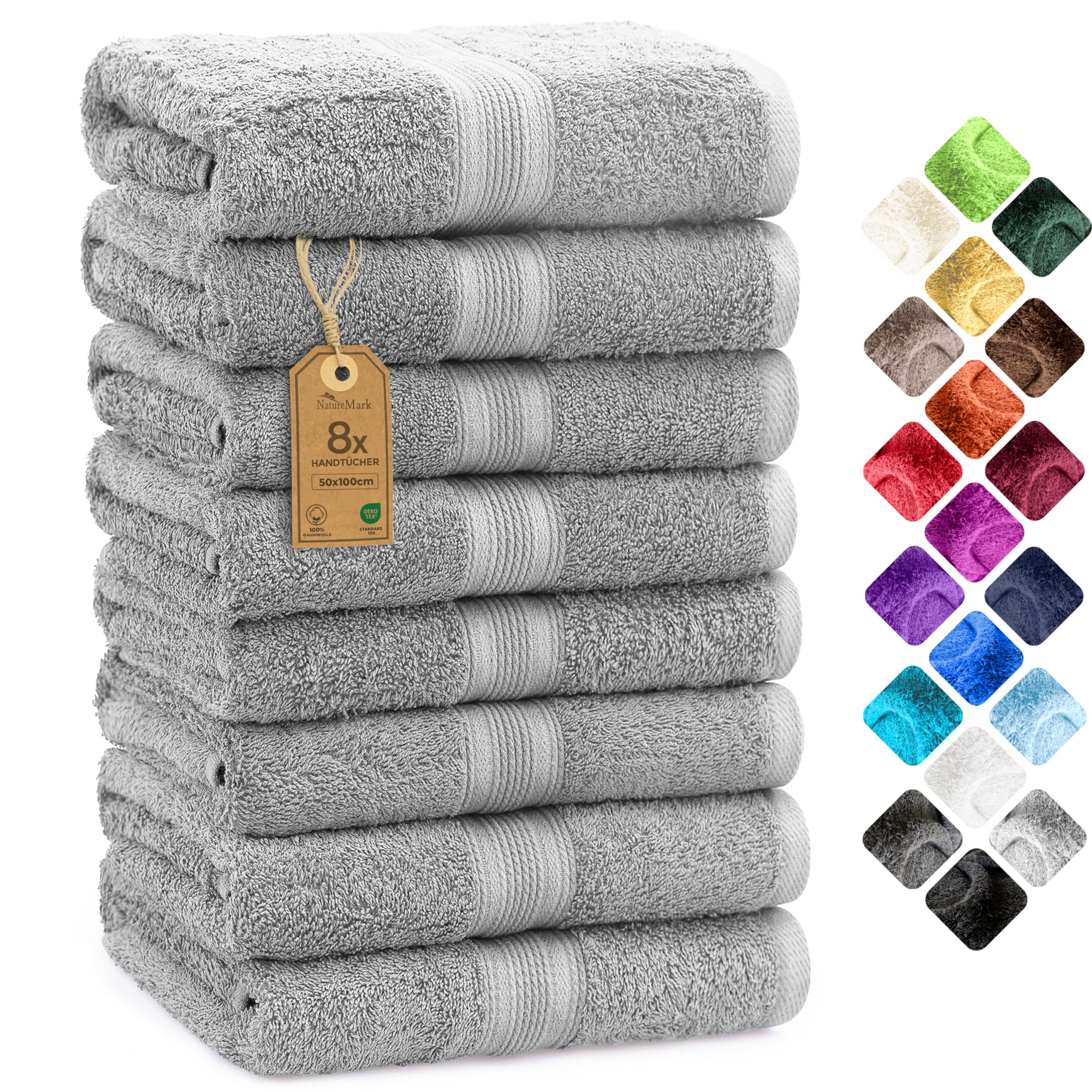 NatureMark 8 Handtücher Set - 100% Baumwolle - Saugfähige und langlebige Handtücher, Größe 50×100 cm, Silbergrau