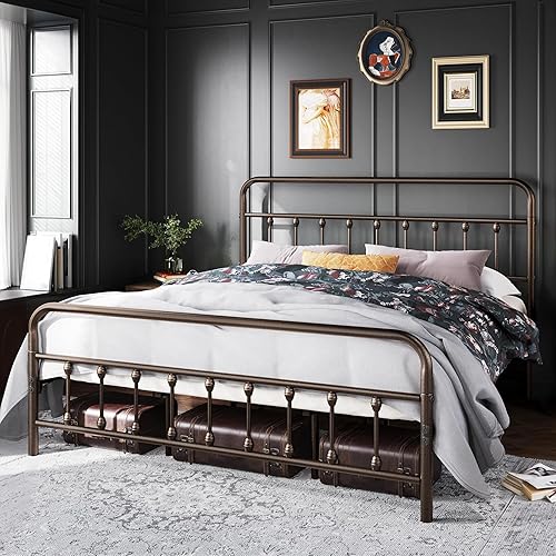 Miniatura 12 de Topeakmart Marco de cama de metal de estilo victoriano tamaño matrimonial con cabecero, base de colchón, no necesita somier, almacenamiento debajo