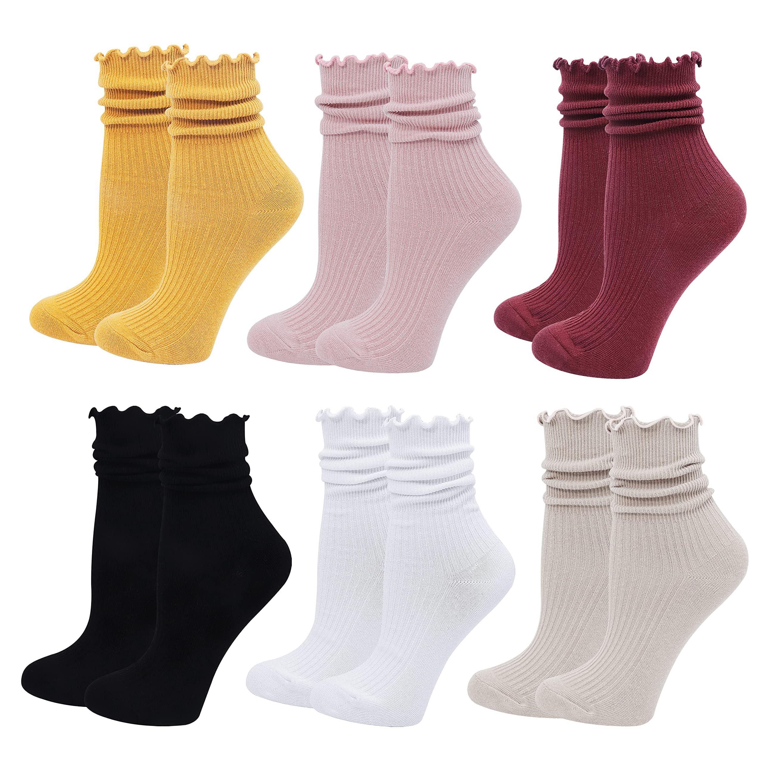 Babahu Women's A01-6Pcs Ruffle Socks For Casual Cute Cotton Crew Socks, Frilly Novelty Knit Socks 6 Pairs