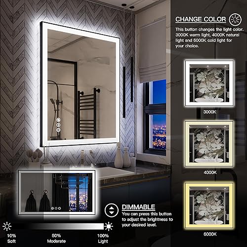 Miniatura 3 de Yamazakura Espejo de baño LED de 36 x 28 pulgadas con retroiluminación y luz frontal, espejo iluminado regulable enmarcado para pared, antivaho