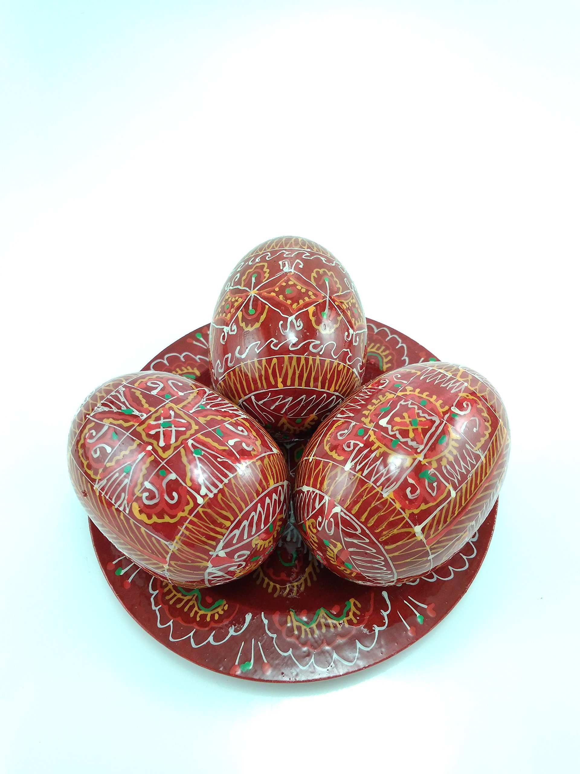 2.5’’ Red Ukrainian Easter Eggs On Plate - Pysanky - Set Of 3 - Hand Painted Made Of Wood