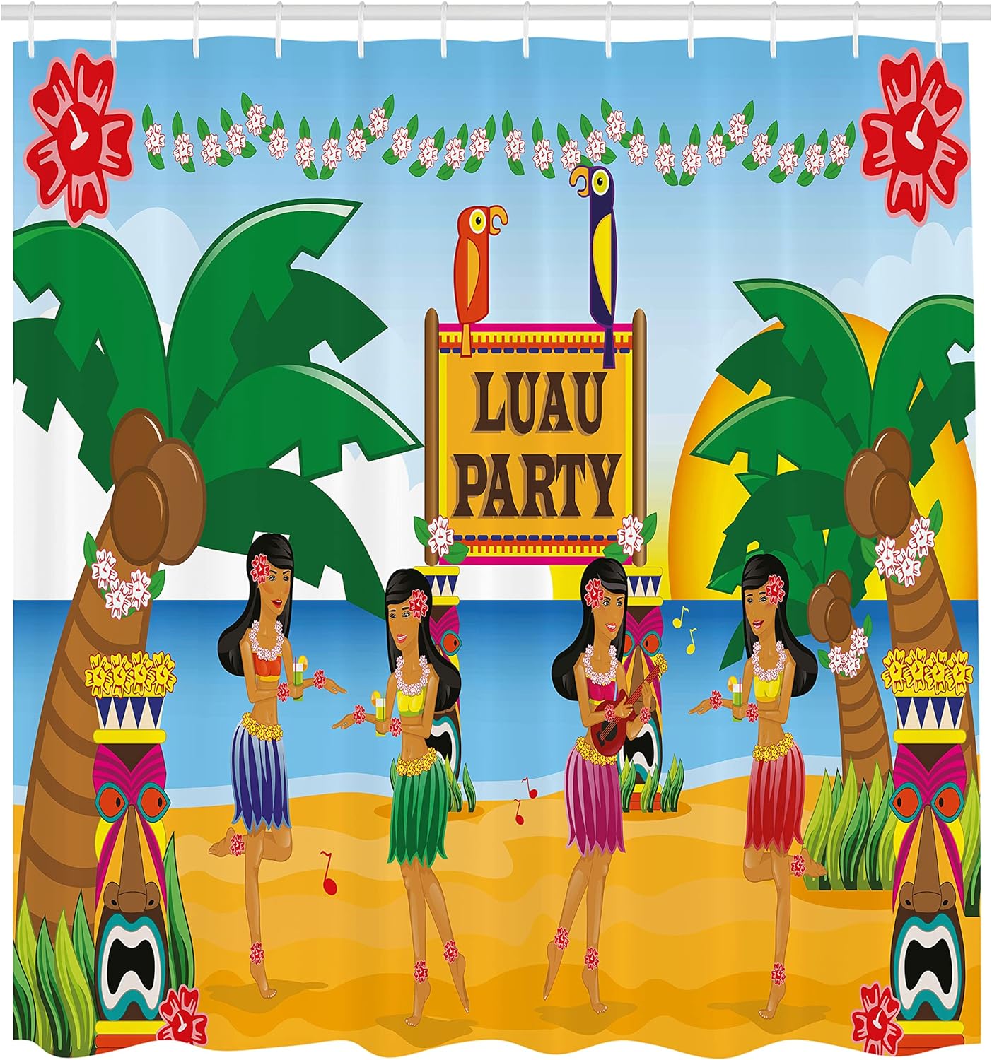 Ambesonne Tiki Bar Shower Curtain, Hawaiian Luau Party in Funny Cartoon Style Dancers on Beach Tradition, Cloth Fabric Bathroom Decor Set with Hooks, 69" W x 75" L, Orange Blue Blue