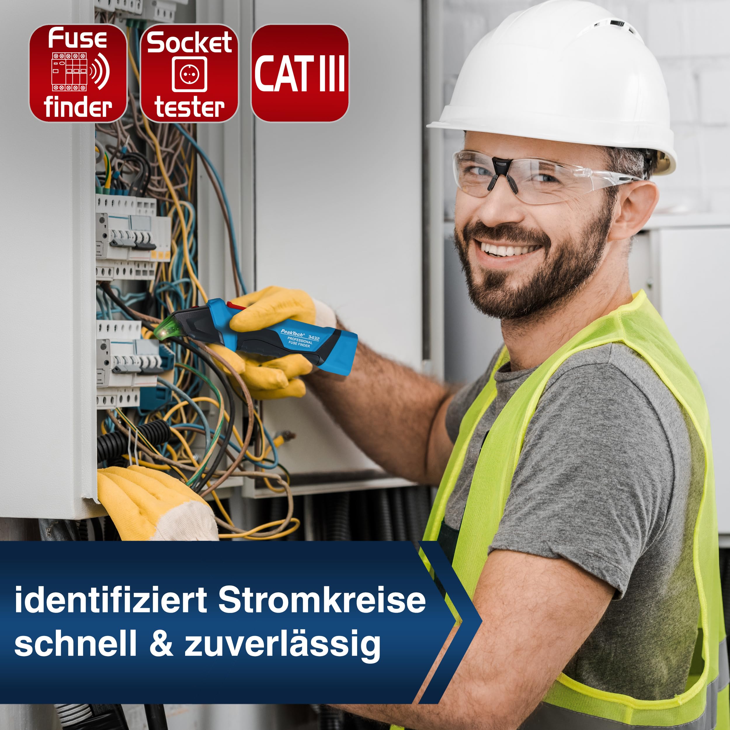 PeakTech P 3432 Sicherungsfinder Ortungsgerät für Stromkreise Spannungsprüfer berührungslos 230V Schuko NCV Phasenprüfer Leitungssuchgerät