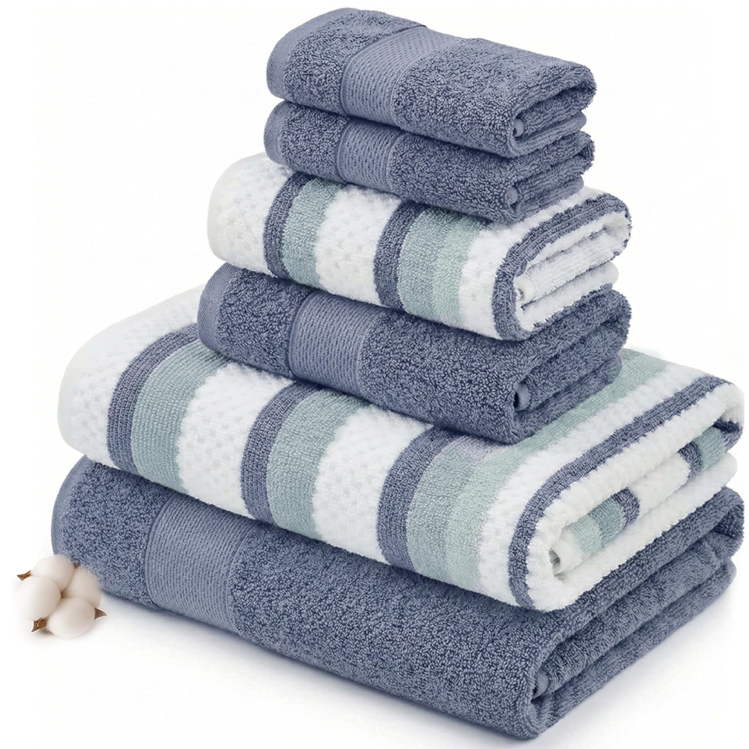 Pax 6-Piece Reversible Yarn Dyed Jacquard Towel Set - Bath Towels, Hand Towels, & Washcloths - Super Absorbent & Quick Dry - 100% Combed Cotton, Denim