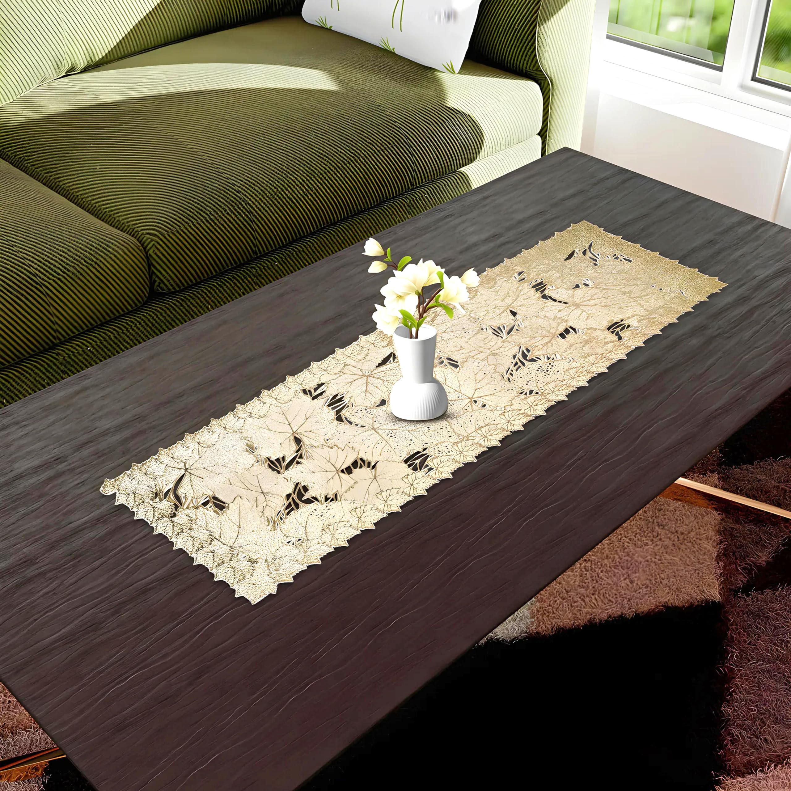 Kuber Industries Table Runner|Dining Table Runner|Kitchen Runner|Coffee Table Runner|Center Table Runner|Rectangular Leather Runner for Party, Wedding, Family Dinners|Leaf|Golden, 180cm-image-26