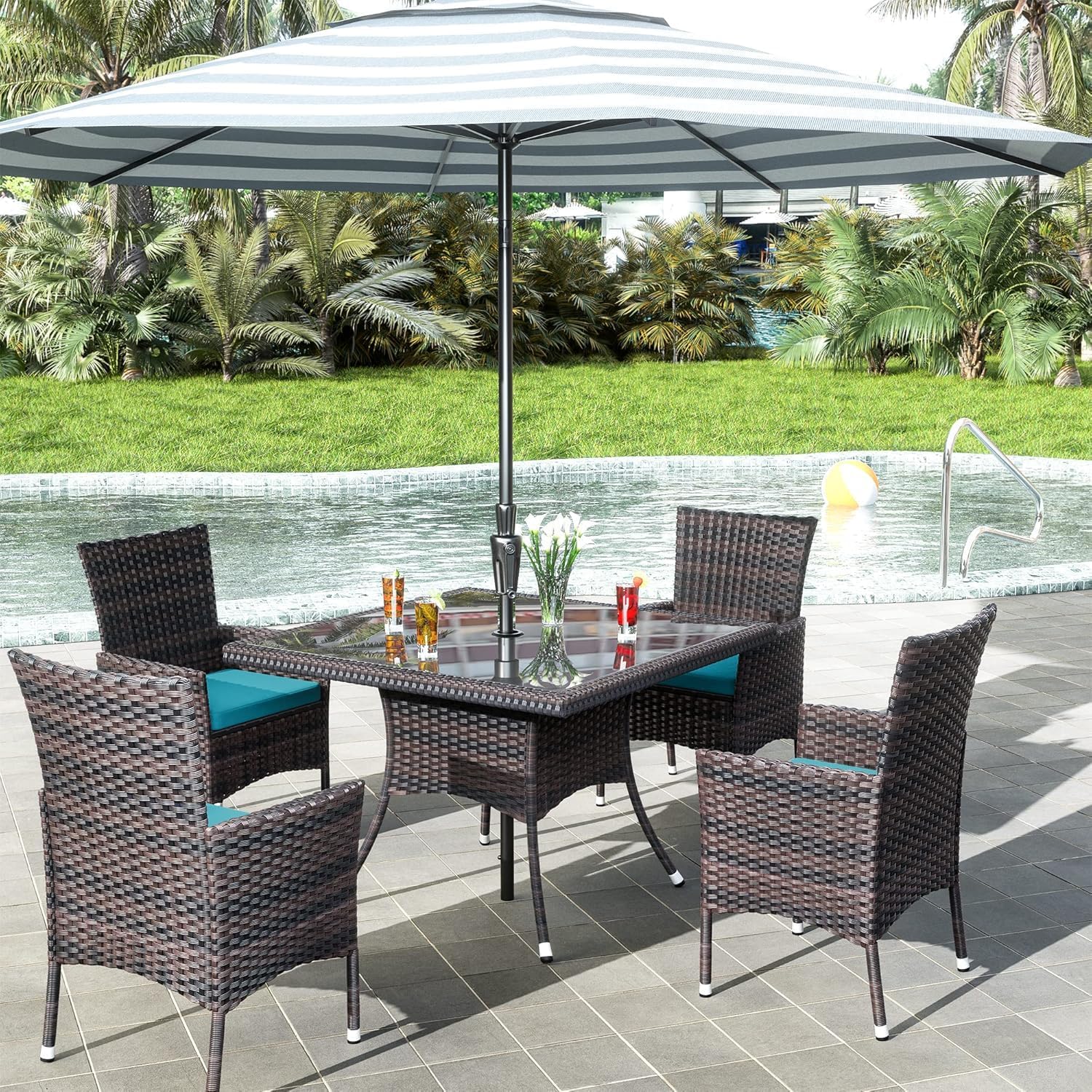 15 Pieces Outdoor Patio Dining Set,Patio Table and Chairs Rattan Outdoor Patio Furniture Set with Umbrella Hole,Dining Table Set for 12 with Chairs for Backyard,Garden and Kitchen,Turquoise Blue