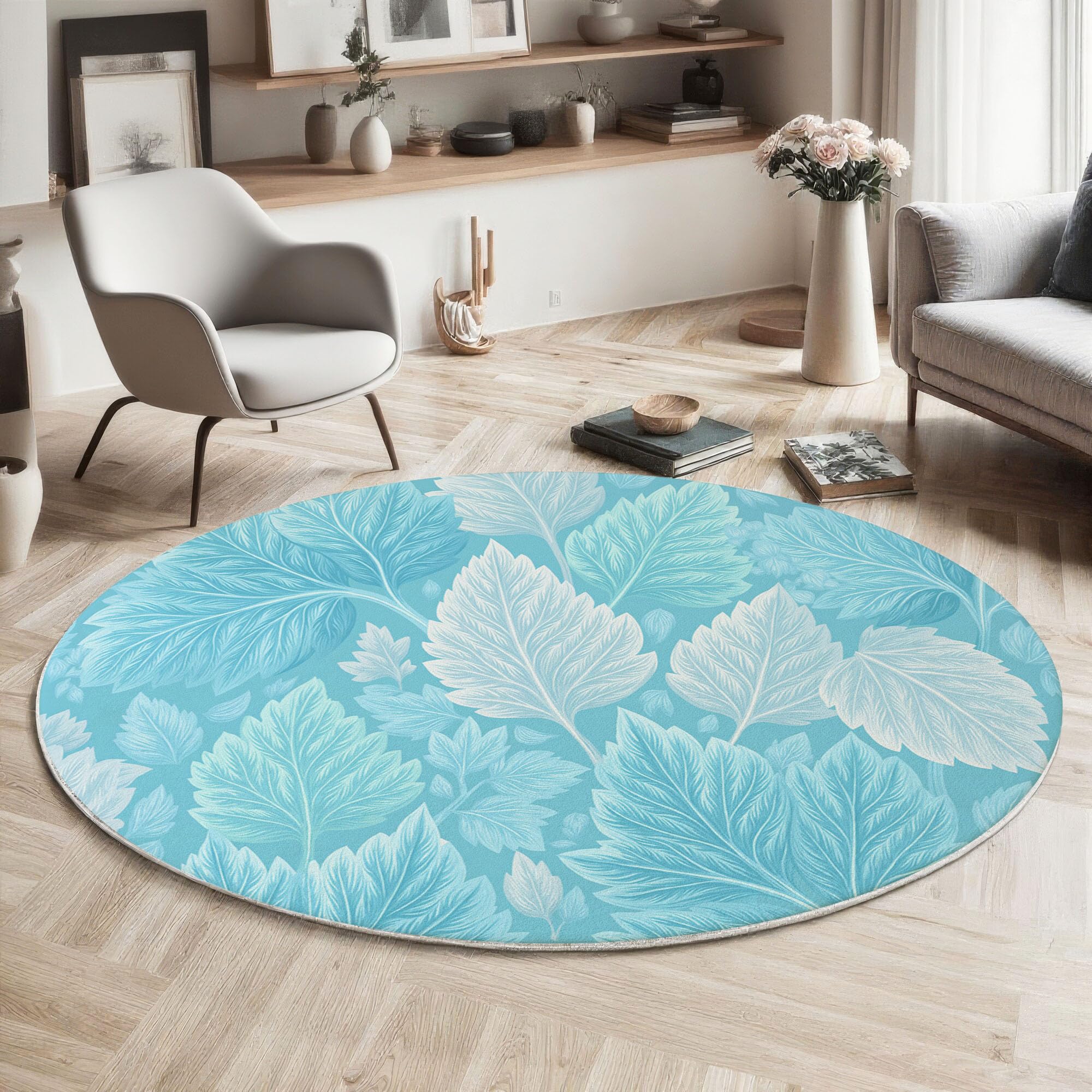 Tapis rond lavable et antidérapant grand format 180 cm texture feuilles douces