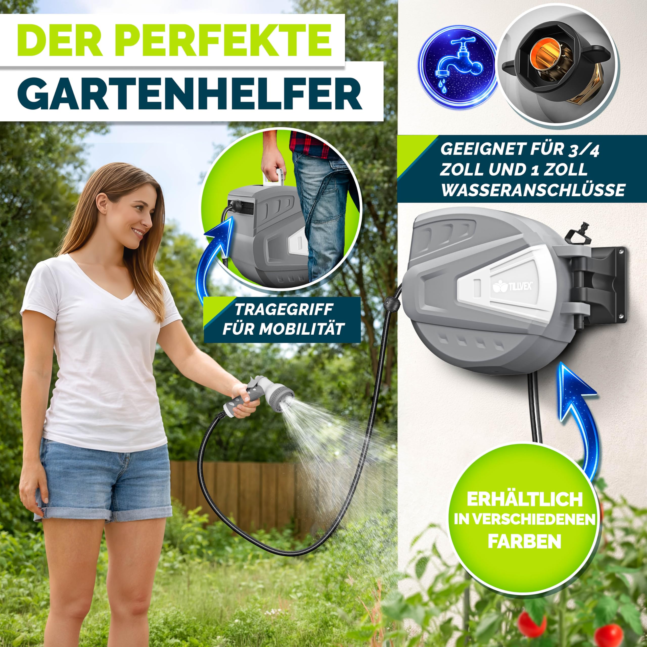 tillvex Schlauchtrommel Wasser mit Wandhalterung + Tragegriff | Schlauchaufroller mit Handbrause und Gartenschlauch | 180° Schwenkbar | Wand-Schlauchbox mit Aufroll-Automatik (Grau, 30m)