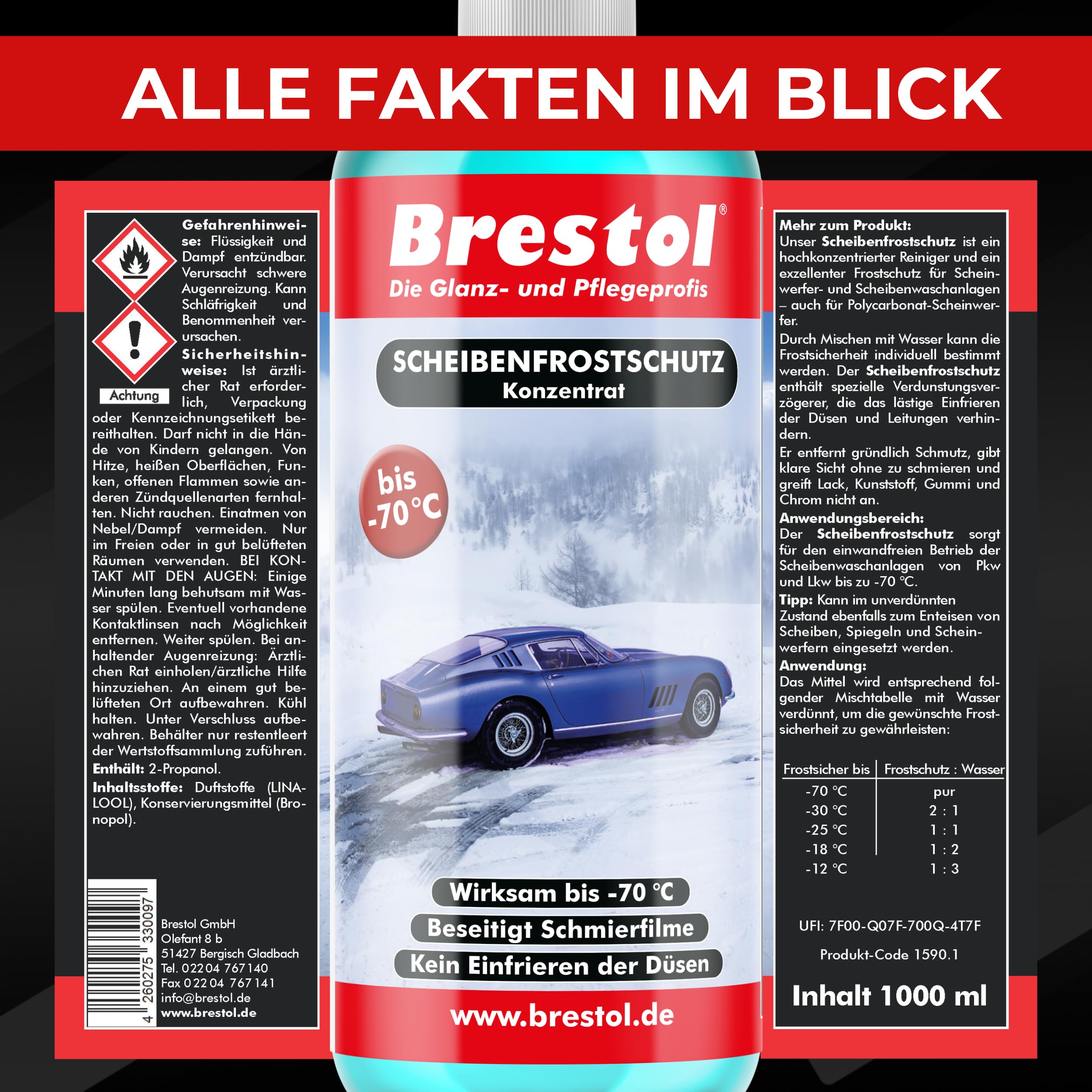 Brestol® Scheibenfrostschutz 4×1000 ml Konzentrat –70 °C – Für klare Sicht, Antifrost & Enteiser – Ergibt bis zu 16 Liter gebrauchsfertigen Scheibenfrostschutz – Für Winter & Waschanlage