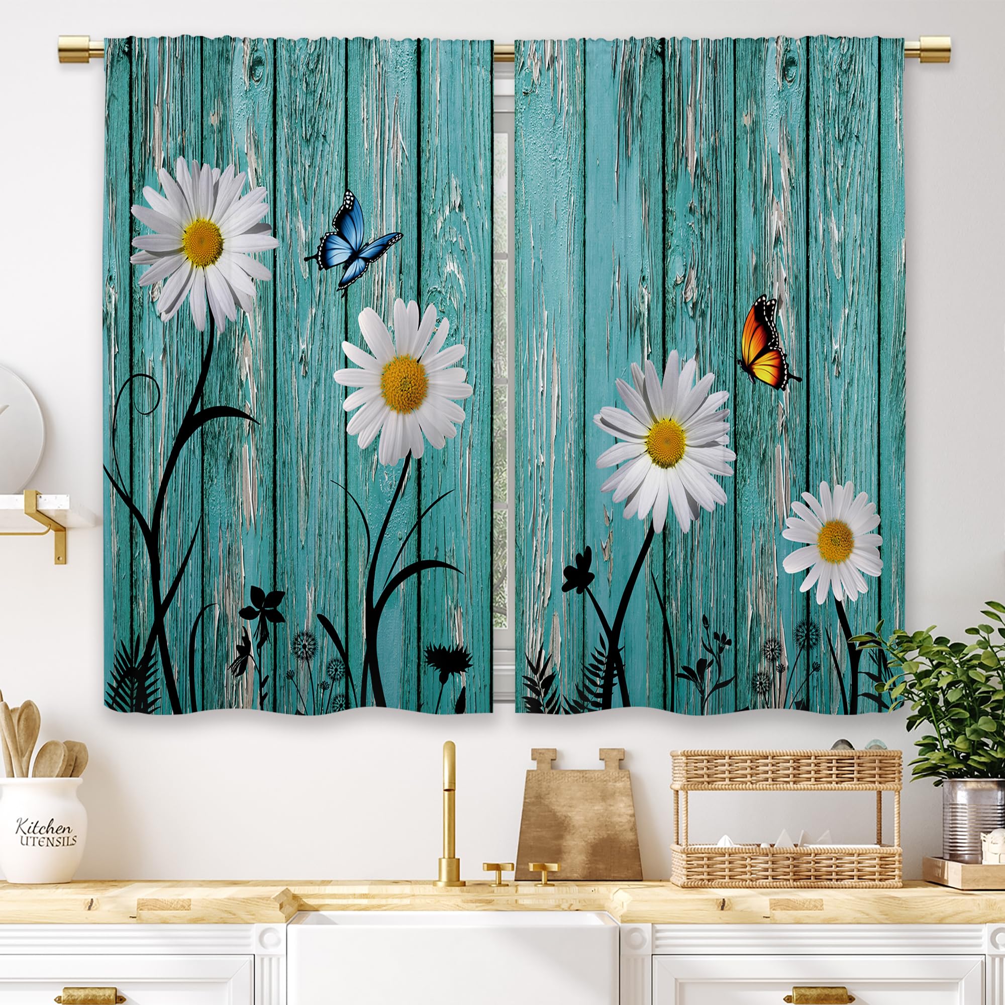 Laifzere Farmhouse Teal Daisy Kitchen Curtains Rustic Wooden Country Small Short Cafe Window Curtains Vintage Flower Floral Rod Pocket Bathroom Drapes