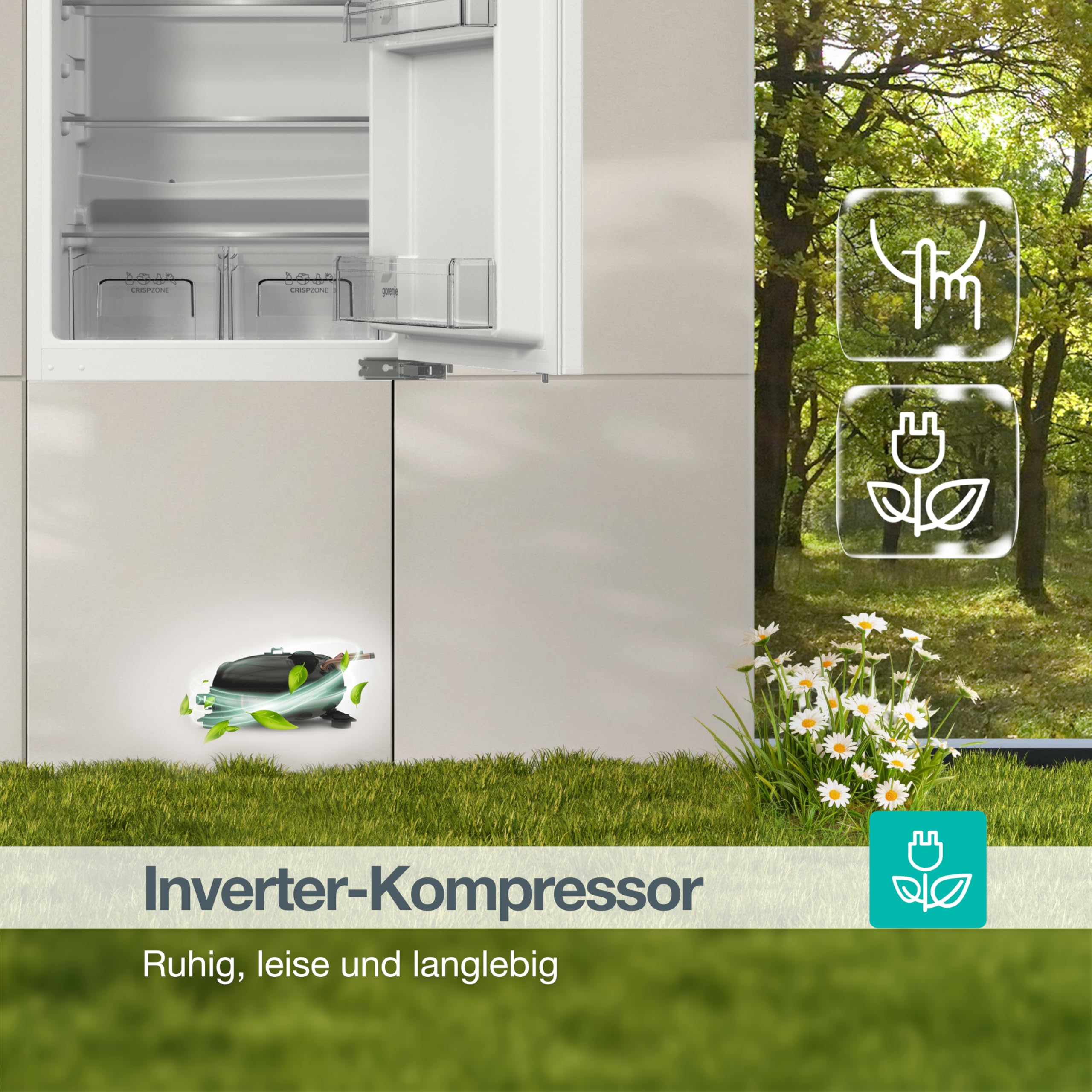 Gorenje RBI512E21 EinbauTischkühlschrank mit Gefrierfach, 122cm Nische, Schlepptürscharnier, 179L(163L plus 16L), Inverter, CrispZone, Türalarm, LED Licht, BxHxT: 54×122,1×54,5 cm, Weiß
