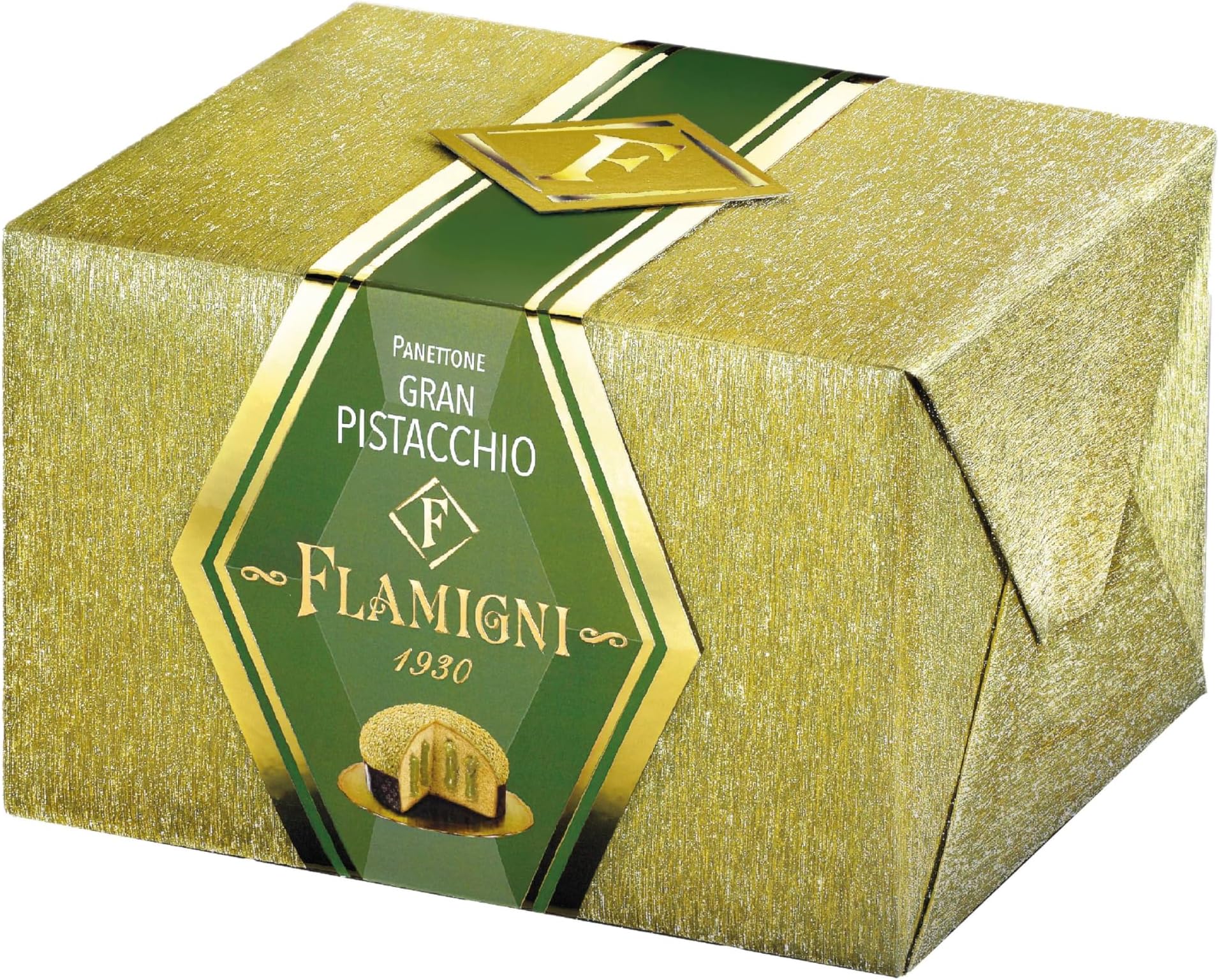 FLAMIGNIItalian Panettone Gourmet Bread Cake Pistachio Cream And Chocolate Sparkling Handwrapped, 1 kg