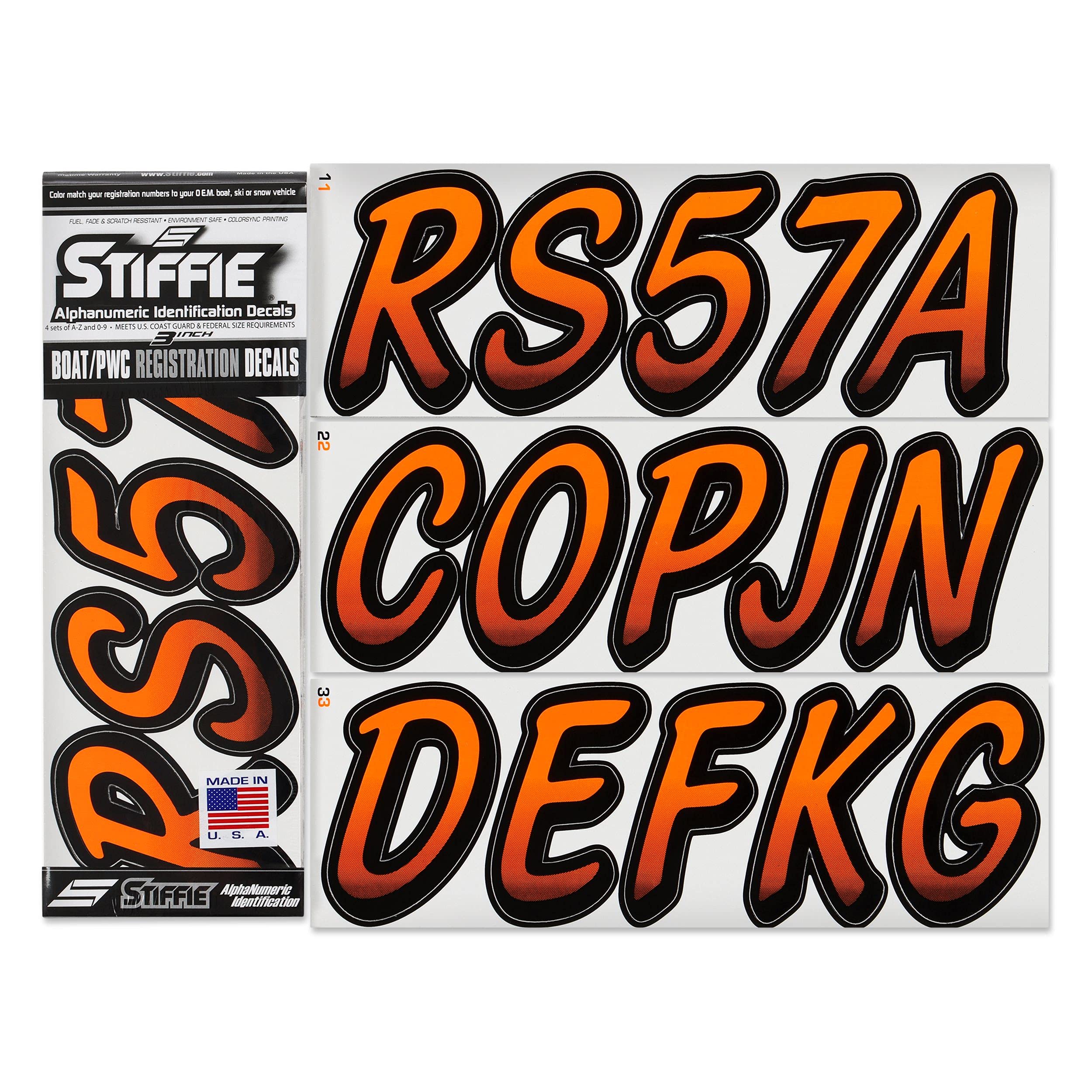 STIFFIE Whipline Electric Orange/Black 3" Boat &amp; PWC Registration Decals • Numbers Letters Stickers