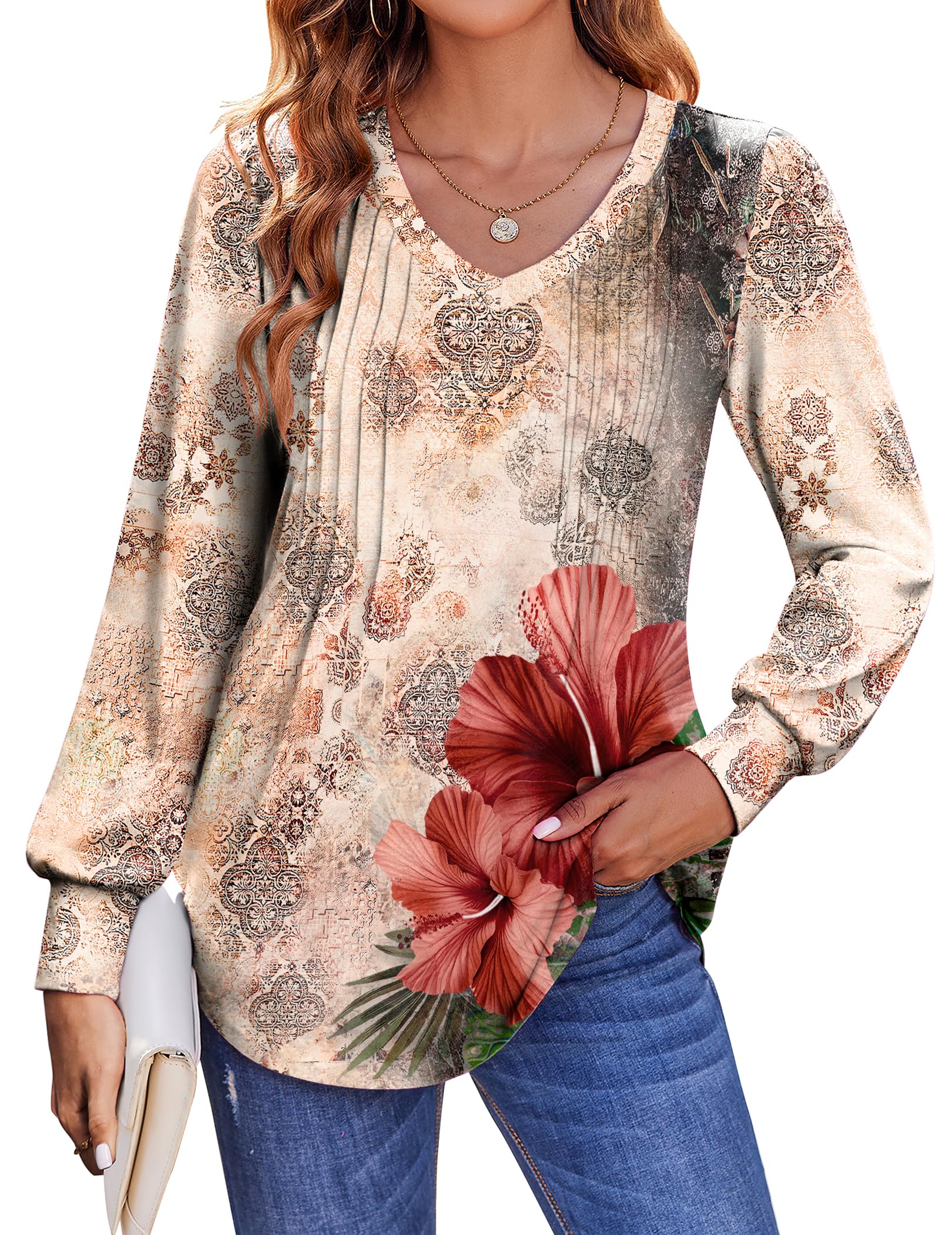 Zeagoo Women's Puff Long Sleeve Shirts Pleated V Neck Fall Tunic Tops Blouse Dressy Casual Loose Summer T-Shirts