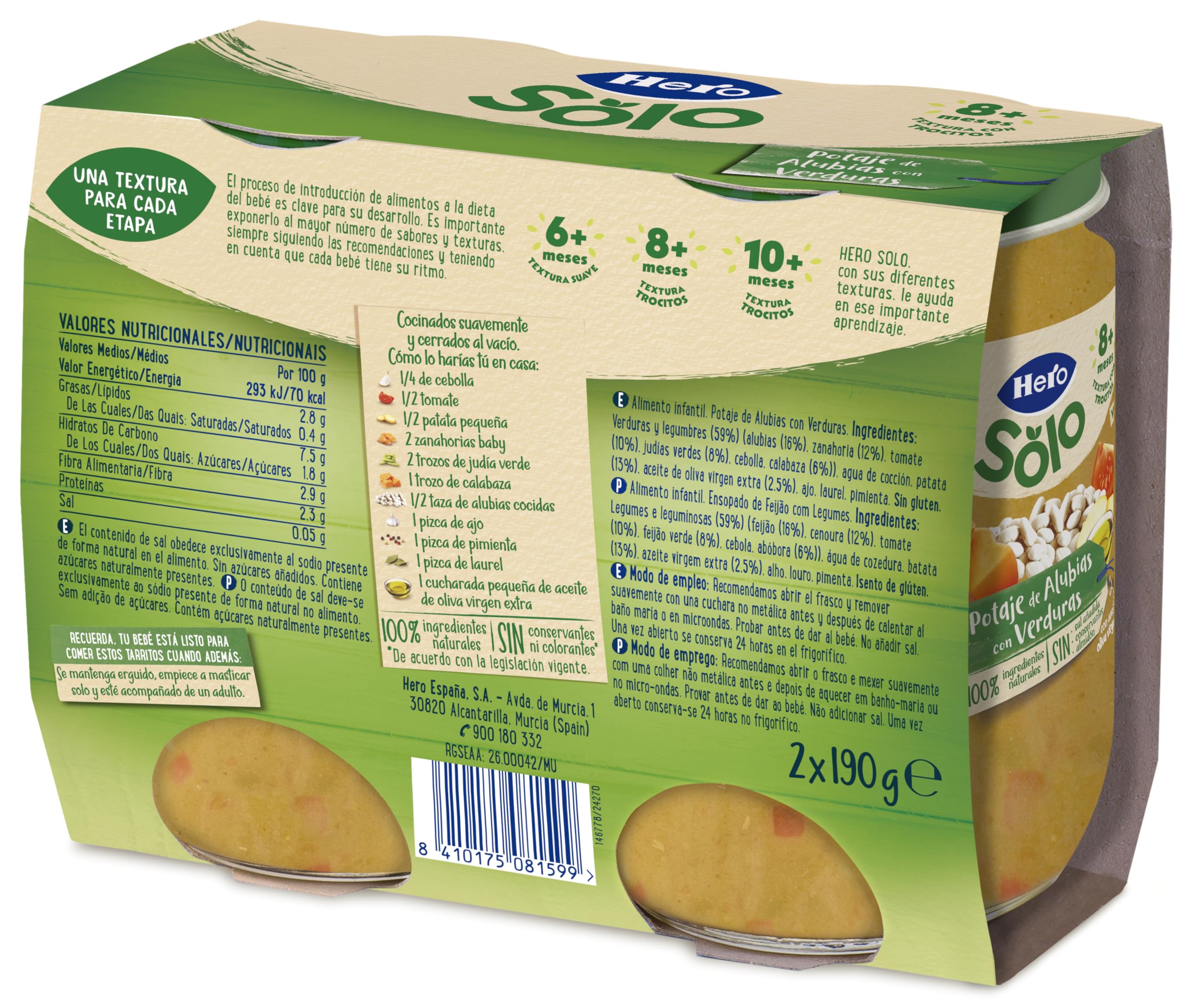 Hero Baby Recetas Caseras Tarritos de Potaje de Alubias y Verduras Sin Sal Añadida, 6 Packs de 2x190g