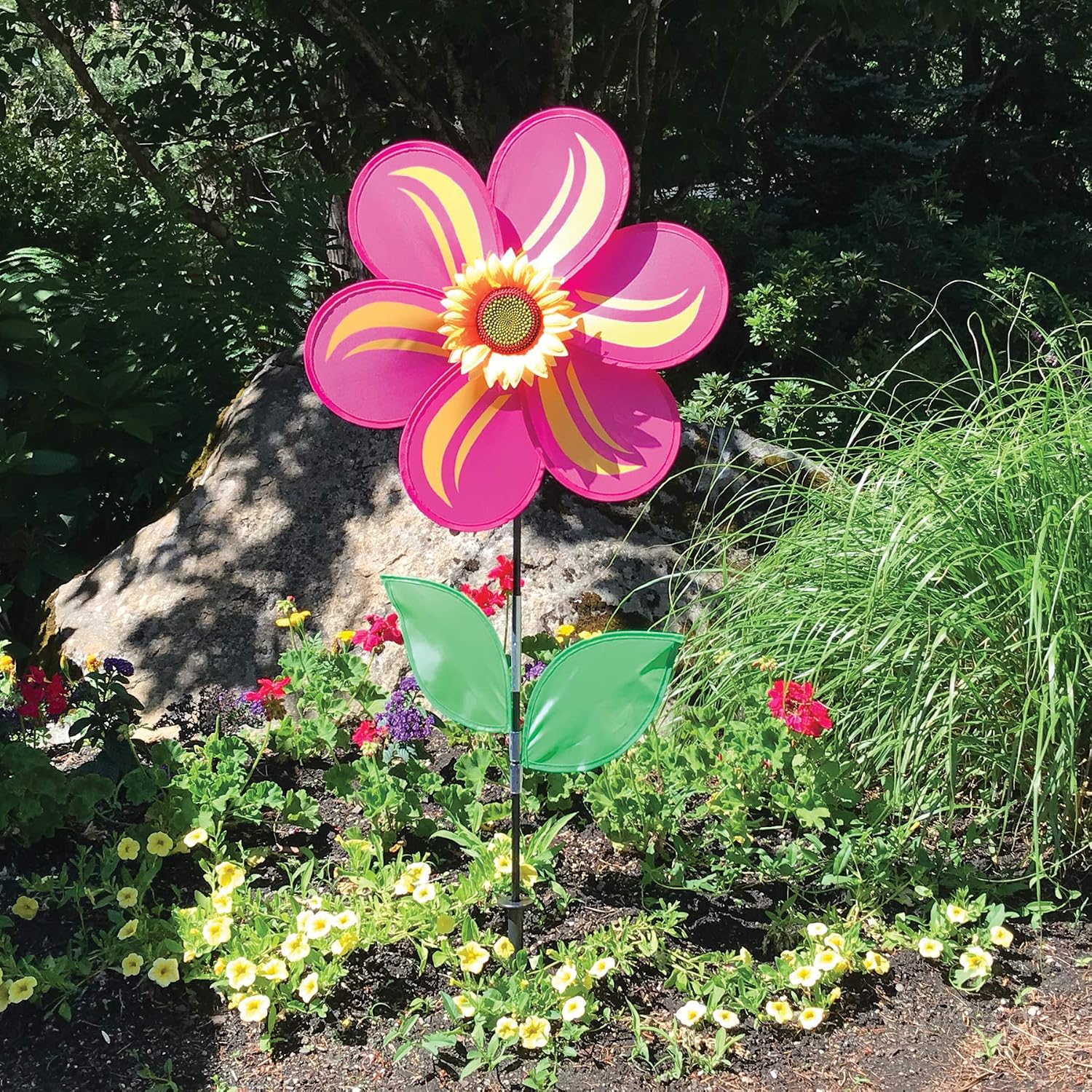 In the Breeze 2694 — 19-inch Pink Sunflower Wind Spinner with Leaves — Colorful Flower for Yard and Garden