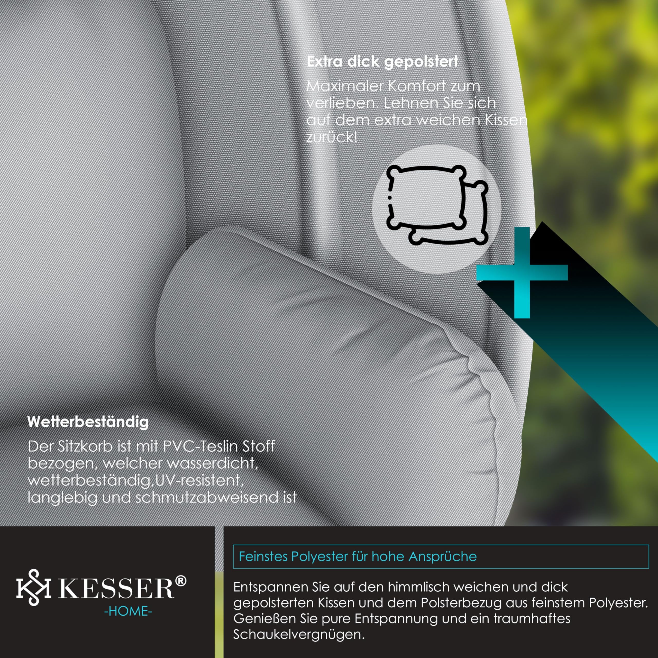 KESSER® Luxe Hängesessel mit Gestell + weiches Sitzkissen und Abdeckung, Seitenpolsterung, Rückenkissen Hängekorb Indoor & Outdoor, Garten Schaukel Hängestuhl Stabiler Standfuß, max. 150 kg Grau