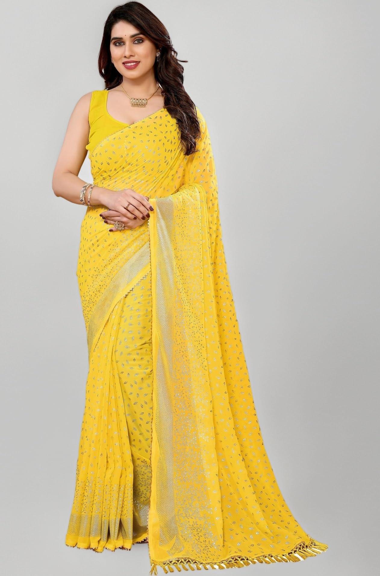RAJESHWAR FASHION WITH RF Women's Foil Print Work Georgette Sarees For Ladies & College Girls Farewell With Tassels On Pallu & Blouse