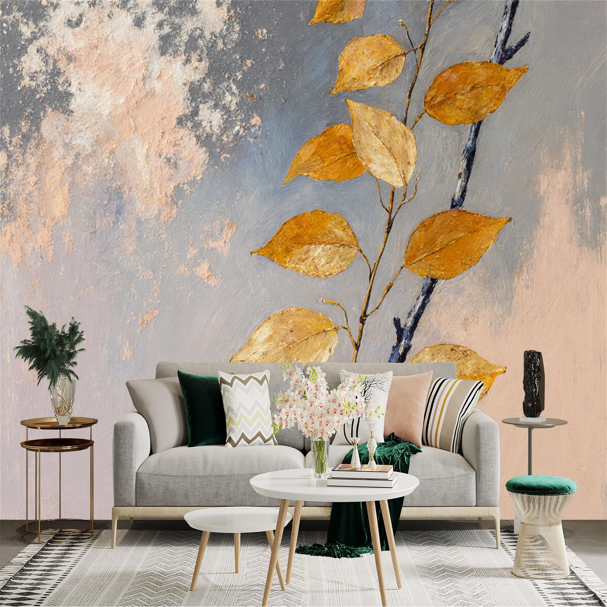 Custom Size Wall Sticker Mural， Abstract Golden Leaves， Textured Oil Painting Style， Minimalist Botanical Art， for wall Decoration， peelandstick wall Decals.