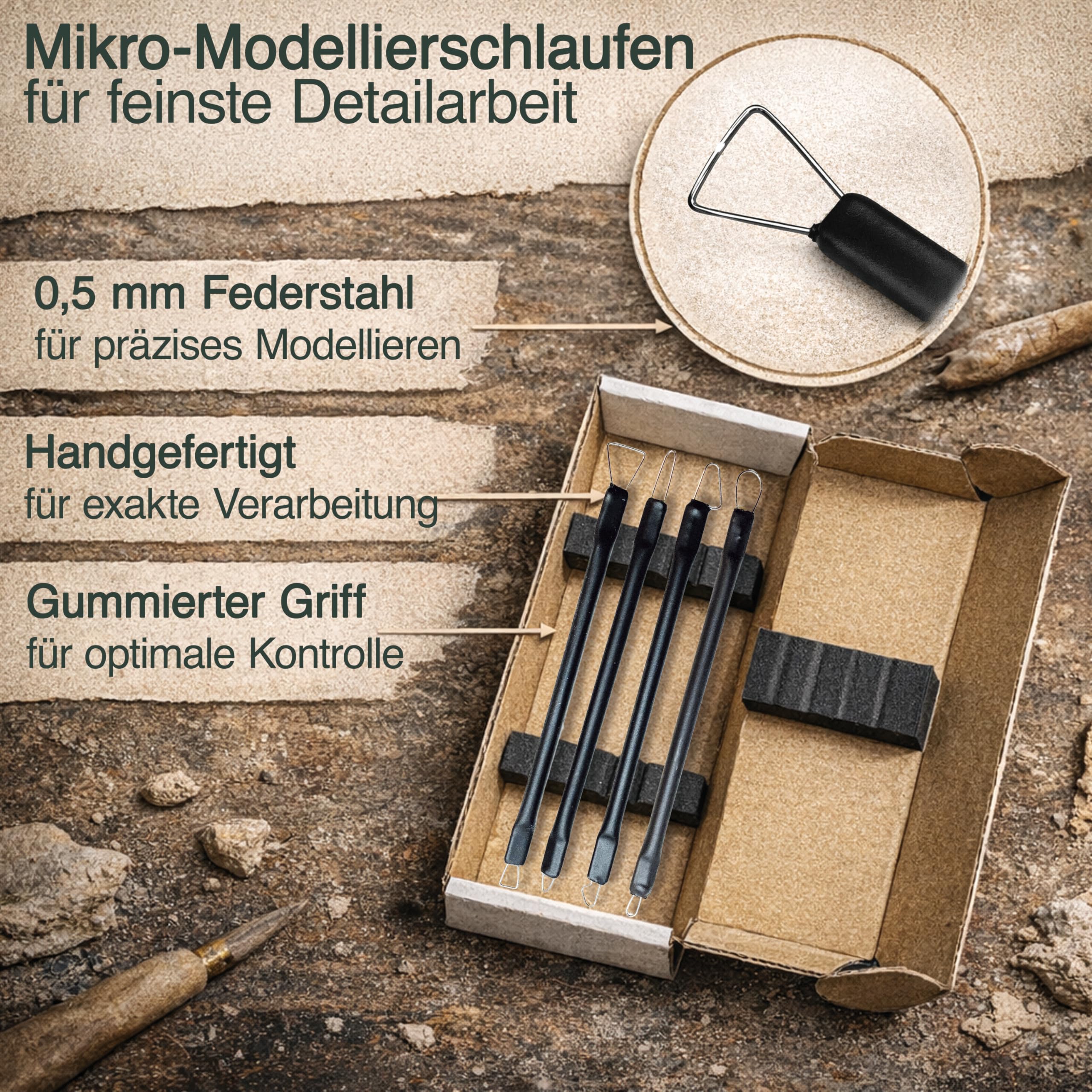 DOI-FX Mikro Modellierschlaufen 4er Set – Loop Sculpting Tools aus 0,5mm Federstahl – Handgefertigt in Deutschland – Profi Modellier Werkzeug für Ton, Keramik, Wachs, Polymer Clay & SFX Maskenbildner