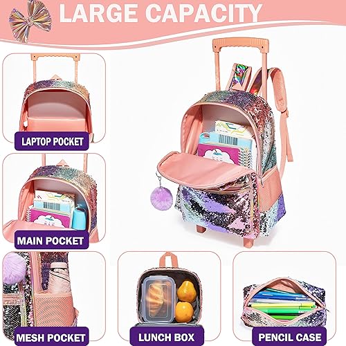 Miniatura 4 de Meetbelify Mochila con ruedas Bowknot para Gilrs Mochilas con ruedas Maleta con ruedas para niños, Un Bowknot Champagne, Mochila