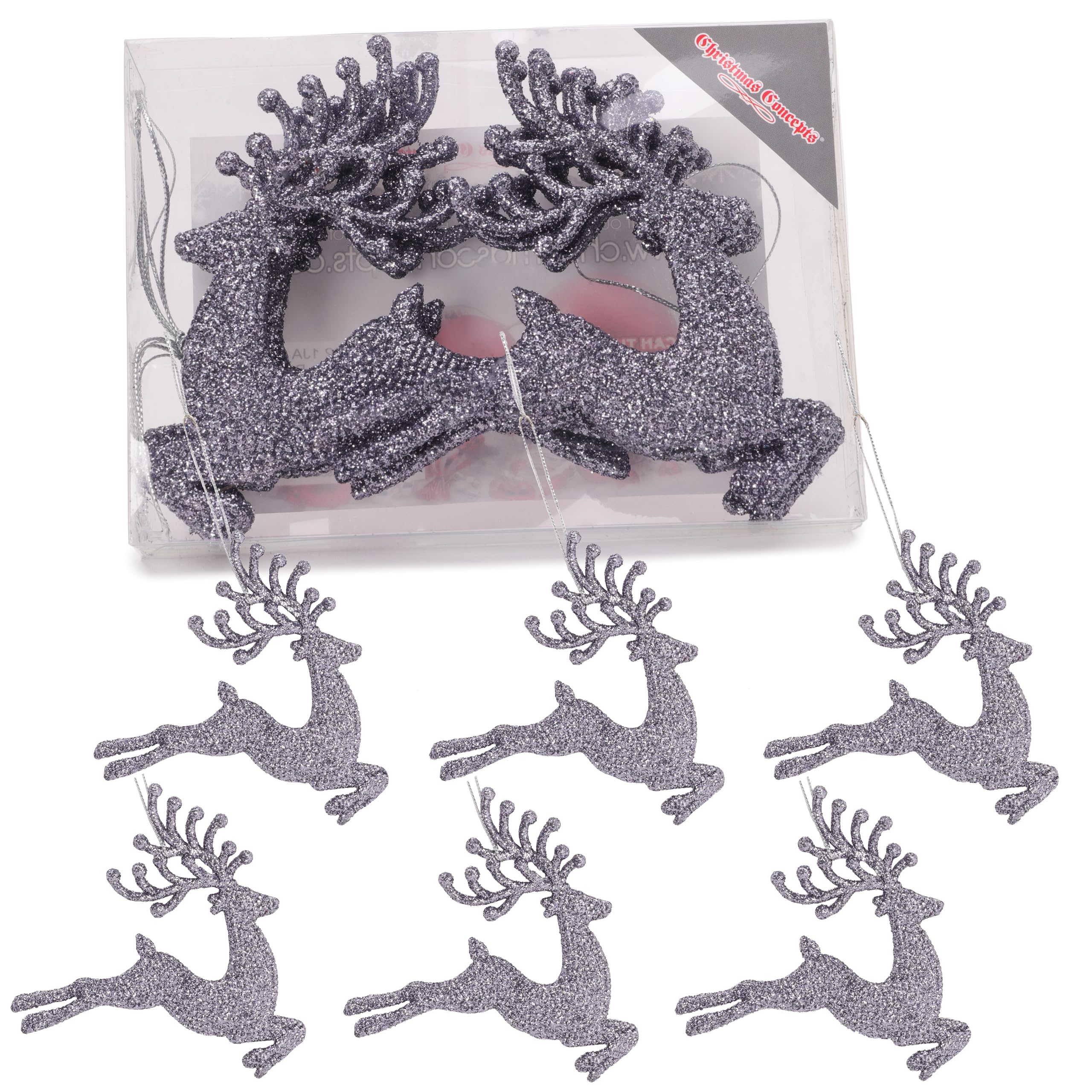 Christmas Concepts®- 100mm (4") Pack Of 6 Glittery Reindeer Baubles - Christmas Tree Decorations (Graphite)