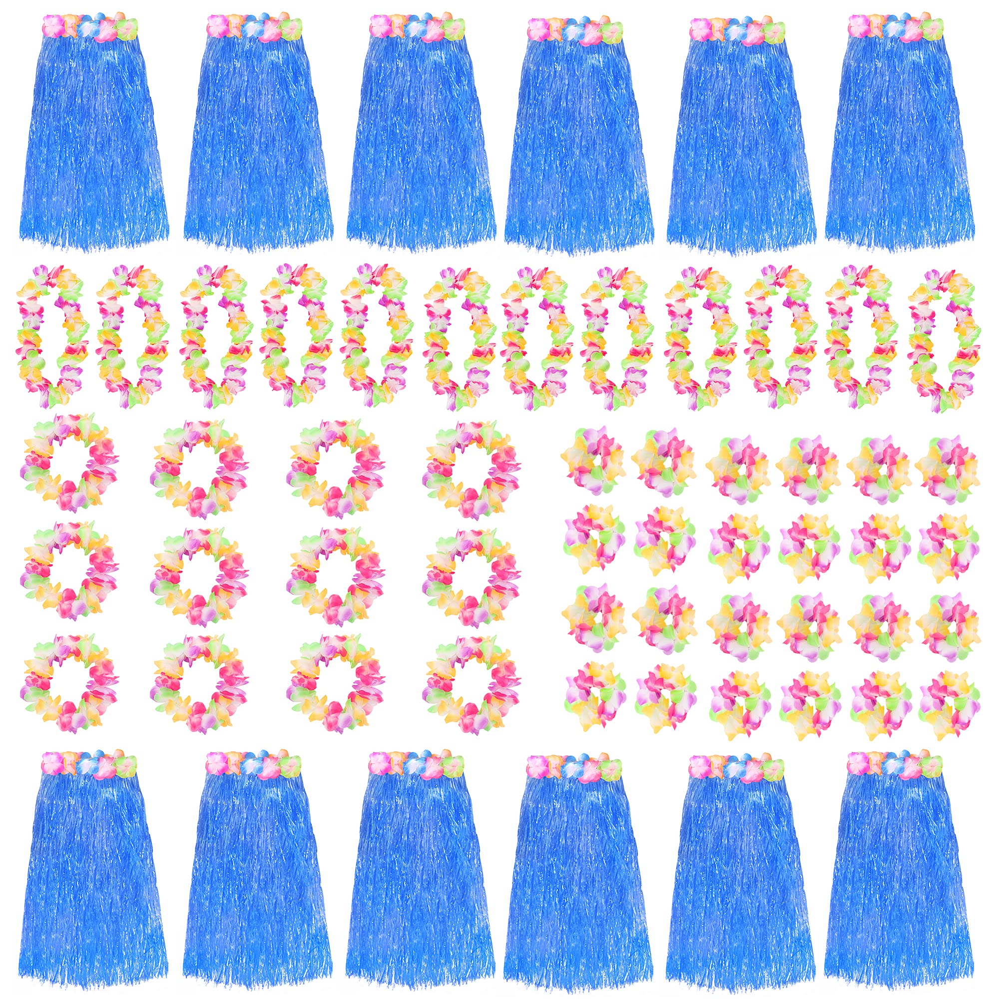Blue Hawaiian Hula Skirt and Multicoloured Lei Set X12 - Flower Necklace, Headband and Bracelet - 80cm Grass Hula - Luau - Fancy Dress Costume Accessory