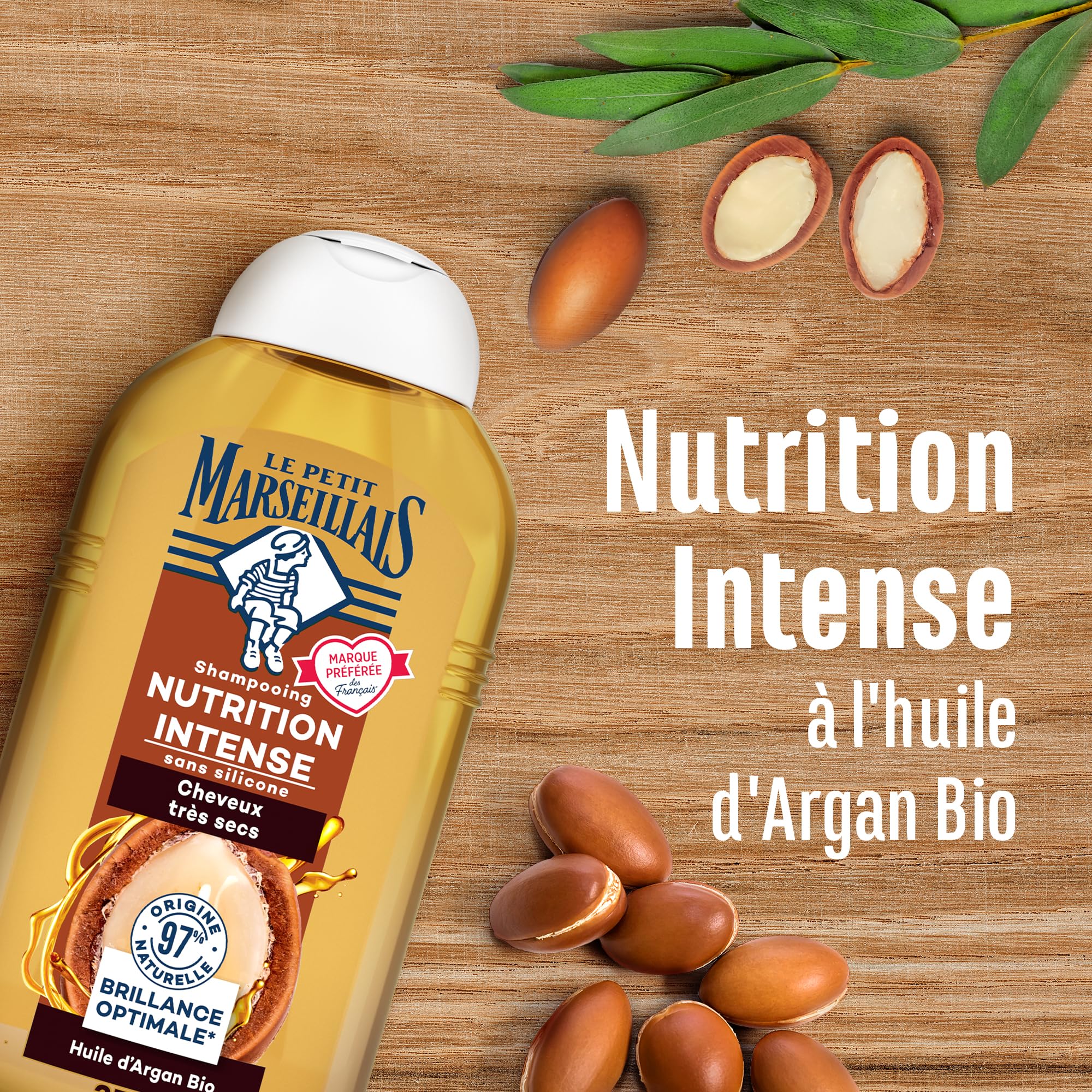 Le Petit Marseillais , Shampooing Nutrition Intense Huile d'Argan Bio (flacon de 250 ml) – Shampoing sans silicone pour cheveux très secs – 97 % d'ingrédients d'origine naturelle