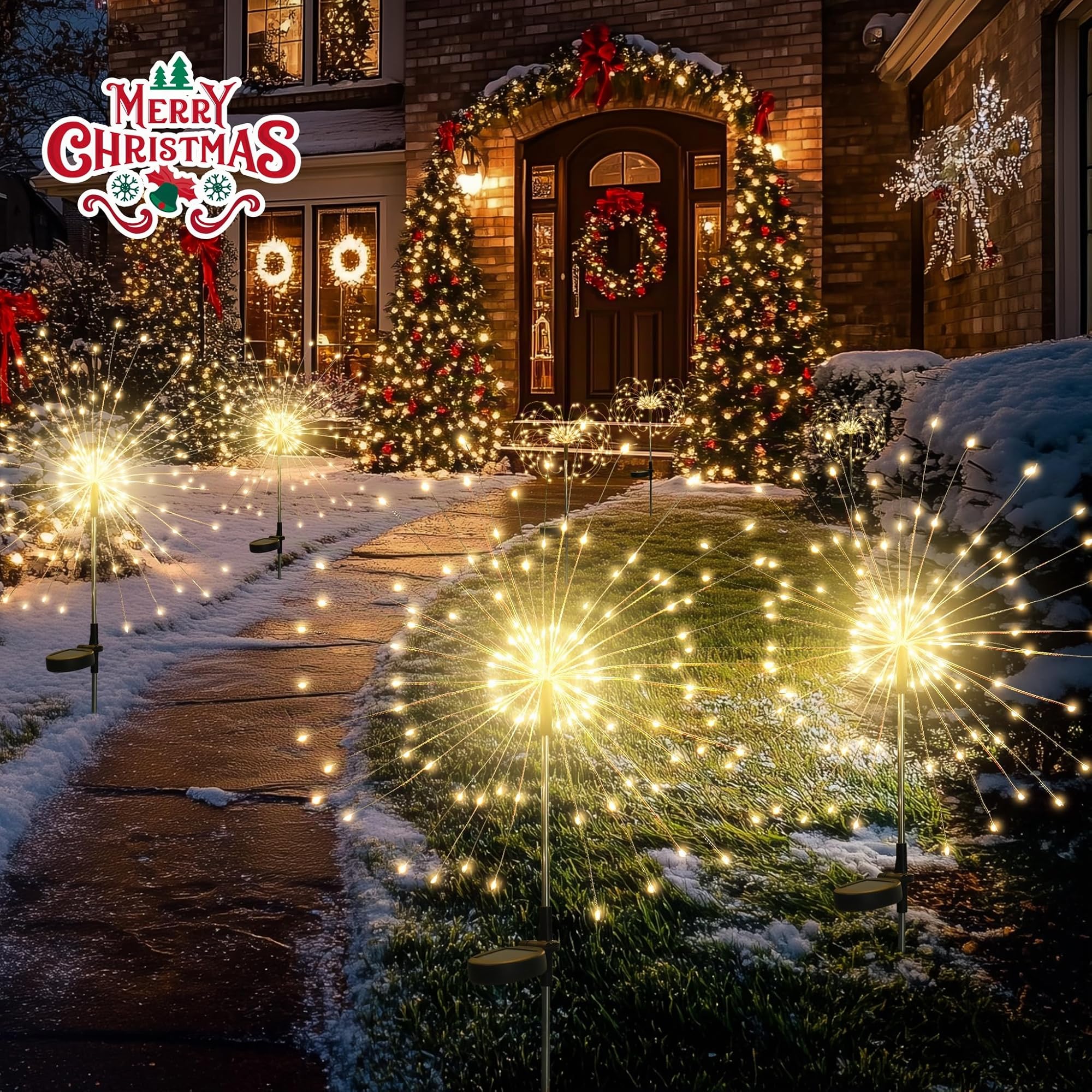 GIGALUMI Luci solari da giardino per esterni, luci solari per fuochi d'artificio 120 LED 4 pezzi, luci a stella impermeabili per cortile prato festa patio decorazione,bianco caldo