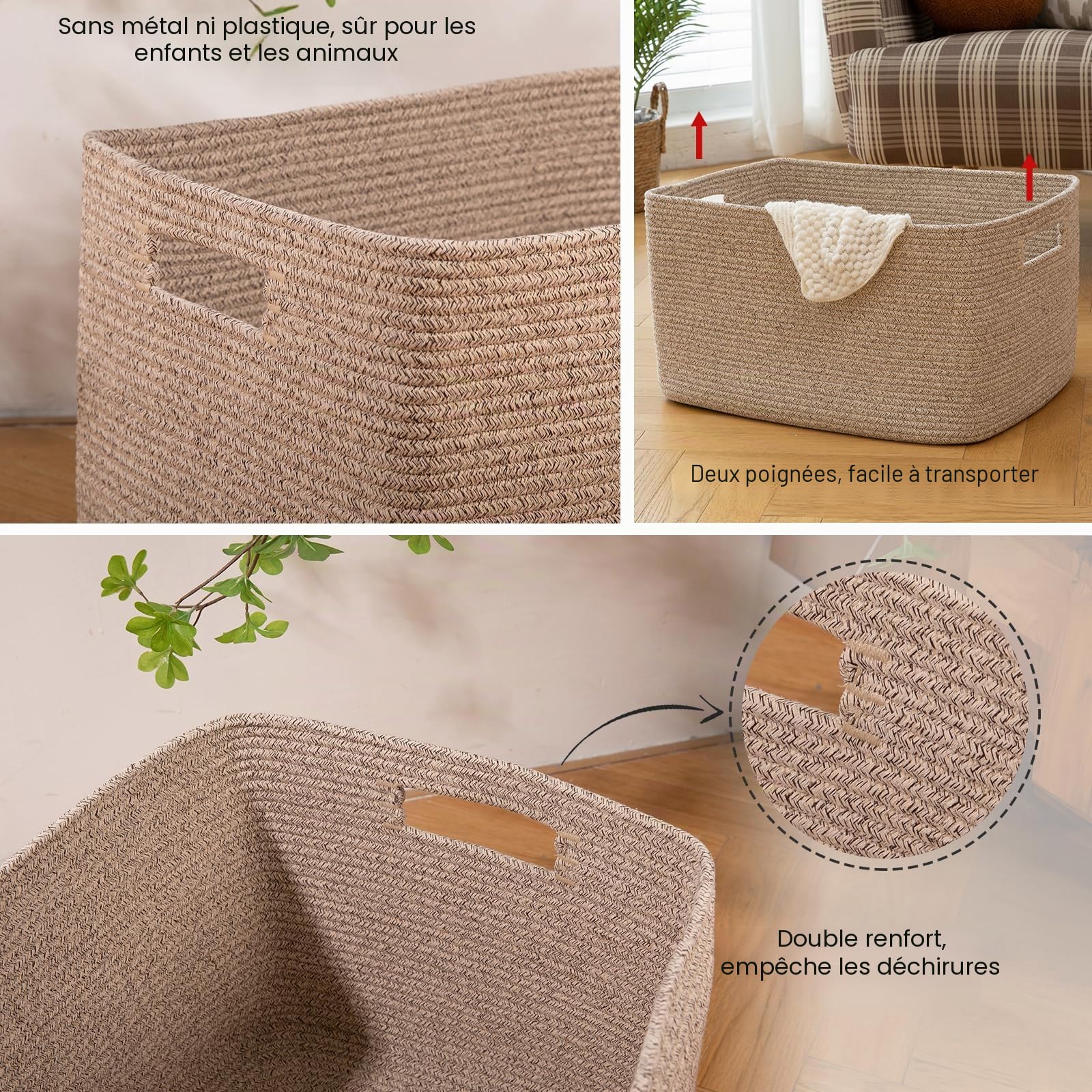OIAHOMY Grand panier de rangement de couverture tissé avec poignée, panier en corde de coton pour organiser 55,9 x 43,2 x 30,5 cm, panier à couvertures, salon, panier à jouets pour chambre d'enfant