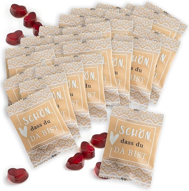 WeddingTree Gumowe serca owocowe "Schön, dass du da bist" 25 x 10 g w małych pudełeczkach z papierem typu kraft, idealne jako prezent dla gości na urodziny, jako dekoracja weselna, vintage lub prezent dla gości