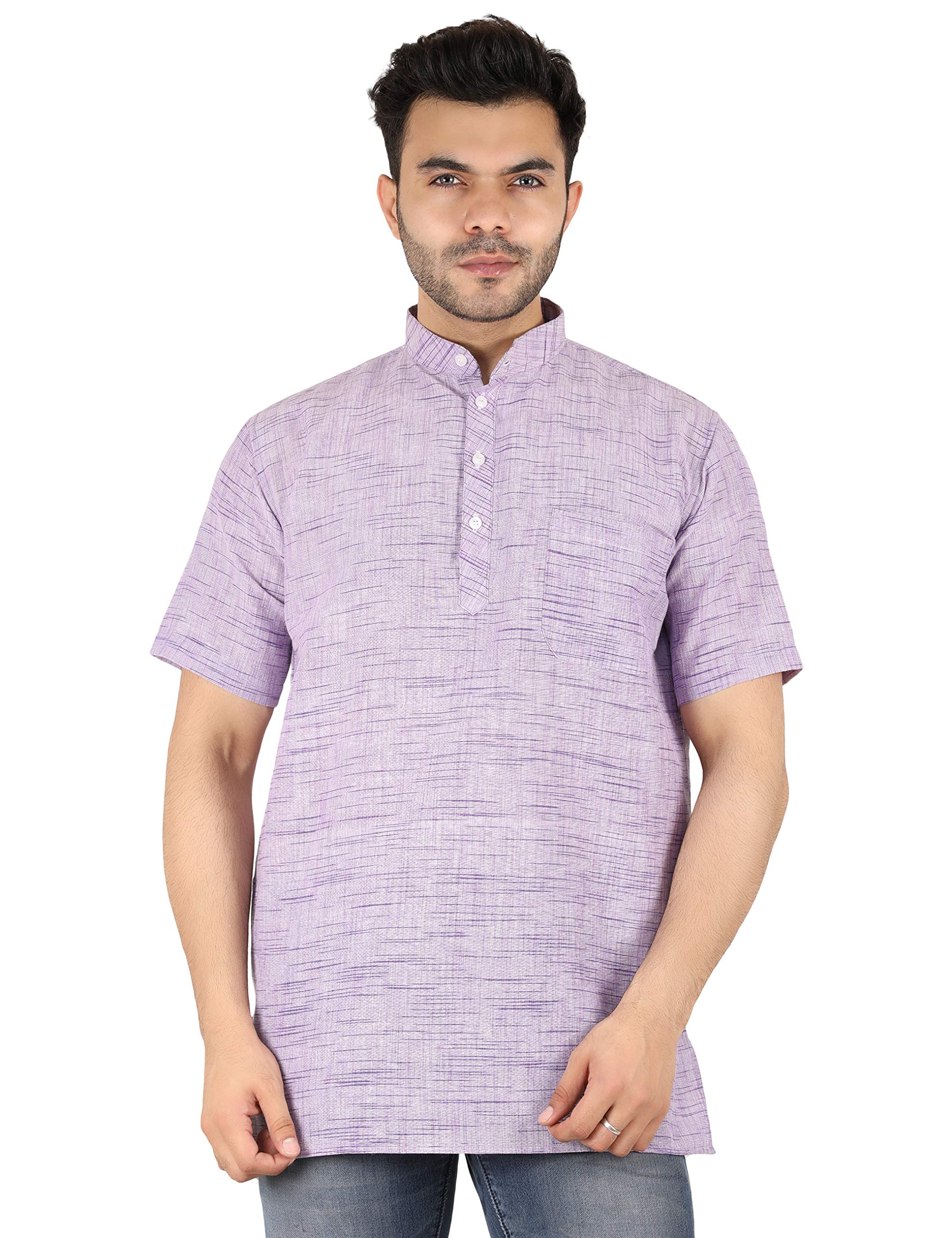 latest chikan Men's Cotton Blend Regular Textured Short Kurta Half Sleeves - Casual Ethnic Wear Purple-picture-24