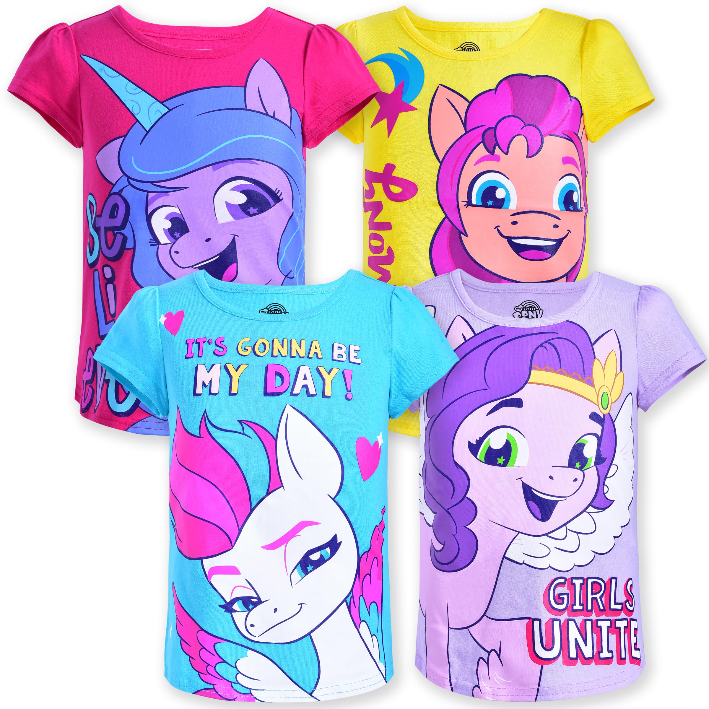 Girl's 4 Pack Unicorn Short Sleeve Tee Shirt Set, Pink/Yellow/Purple/Blue, 10
