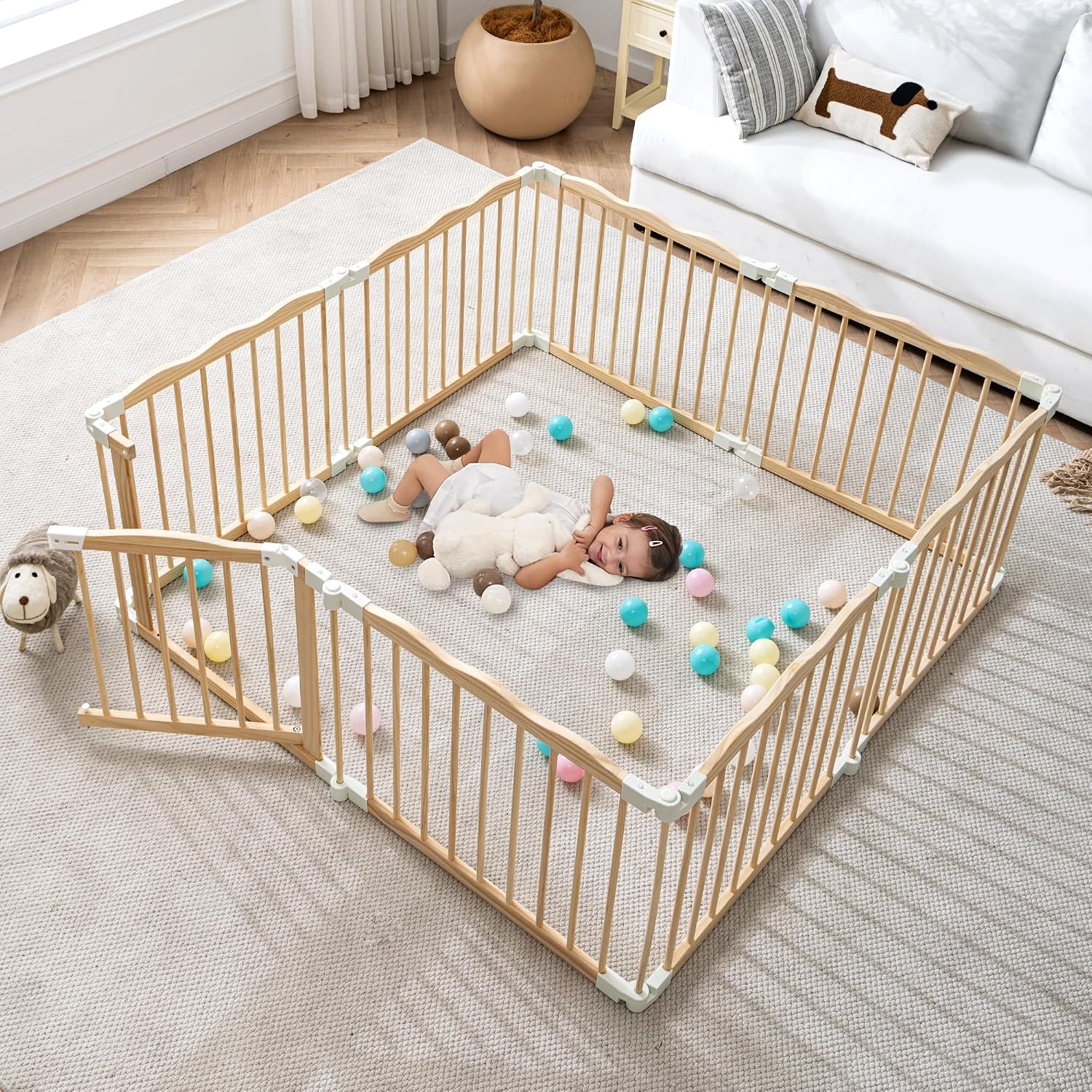 GGF Wooden Playpen & Play Yards for Babies and Toddlers, Foldable Wood Baby Play Fence with Locking Gate, Kids Activity Area Center Indoor Outdoor,86 * 57inch, Natural Wood