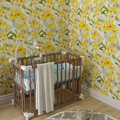 Miniatura 5 de CRE8TIVE Papel tapiz floral amarillo de tamaño grande de 24 x 354 pulgadas, papel tapiz de hojas florales para despegar y pegar, papel de contacto