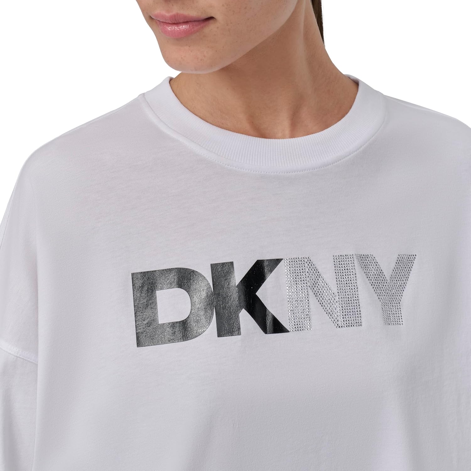 DKNY Women's Foil Rhinestone Logo Long Sleeve Crewneck T-Shirt