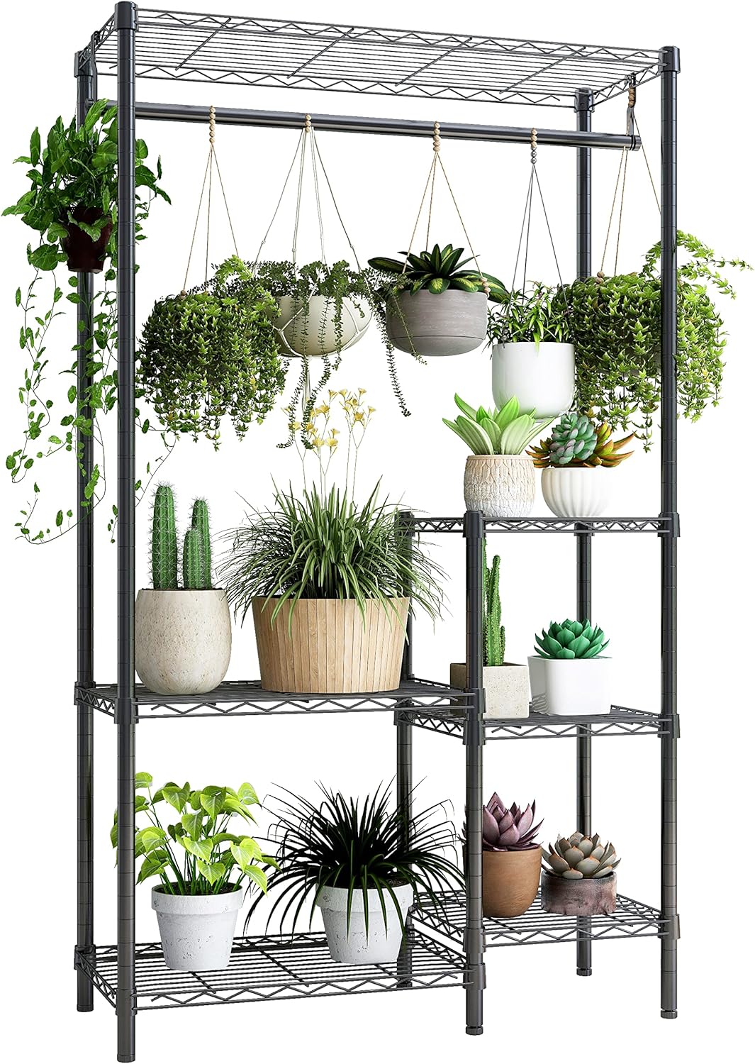 Xiofio Plant Stands for for Indoor Outdoor, Heavy Duty Metal Plant Stand,large Plant Shelf,Adjustable Plant Shelves With Hanging Rod for Living Room,Balcony,Garden,Black