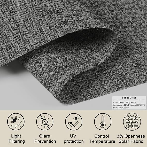 Light Filtering Roller Shades for Windows 3% Openness Solar Shades UV Protection Light Filtering Blinds Heat Insulated Sheer Window Shades for Home Office Door,Charcoal Grey,54 W x 64 H