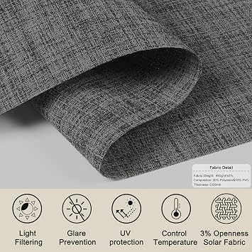Light Filtering Roller Shades for Windows 3% Openness Solar Shades UV Protection Light Filtering Blinds Heat Insulated Sheer Window Shades for Home Office Door,Charcoal Grey,54 W x 64 H