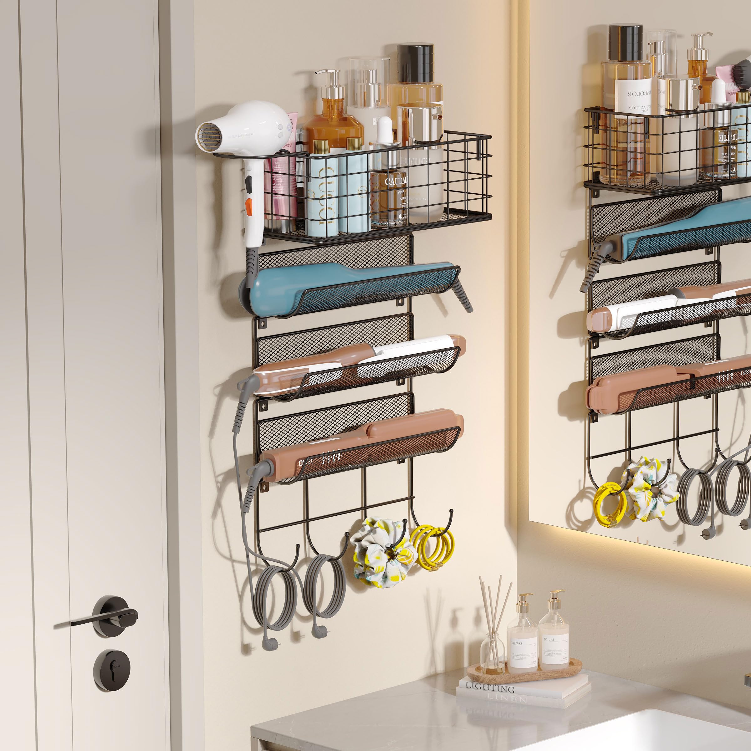 Wall-Mounted Hair Dryer Holder Styling Tool Organizer 4-Shelf Storage Wire Basket with Hook Heat Safe Rack for Hair-Straighteners,Curling Wands,Flat Iron,Perfume,Cabinet Door Bathroom Kitchen