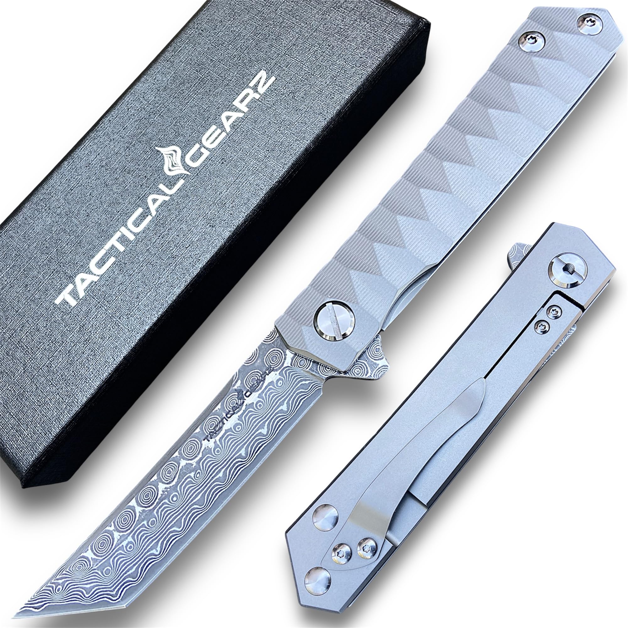TACTICAL GEARZ Damascus Pocket Knife for EDC, Solid Tc4 Titanium Handle, Multi-Layered Damascus Steel VG10 Tanto Blade, Includes Sheath (Silver XT)