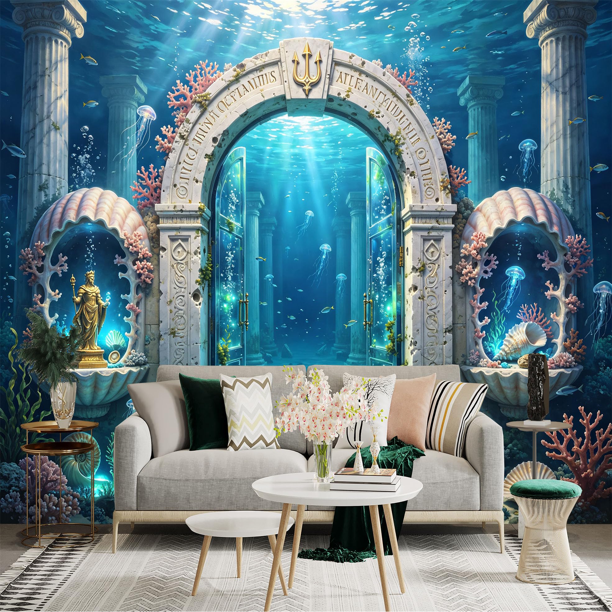 Lnzczhyre Bh260719377 Custom Size Wall Sticker Mural， Underwater Ancient Palace， Mythological Sea Archway， Ocean Ruins With Jellyfish， For Wall Decoration， Peelandstick Wall Decals.