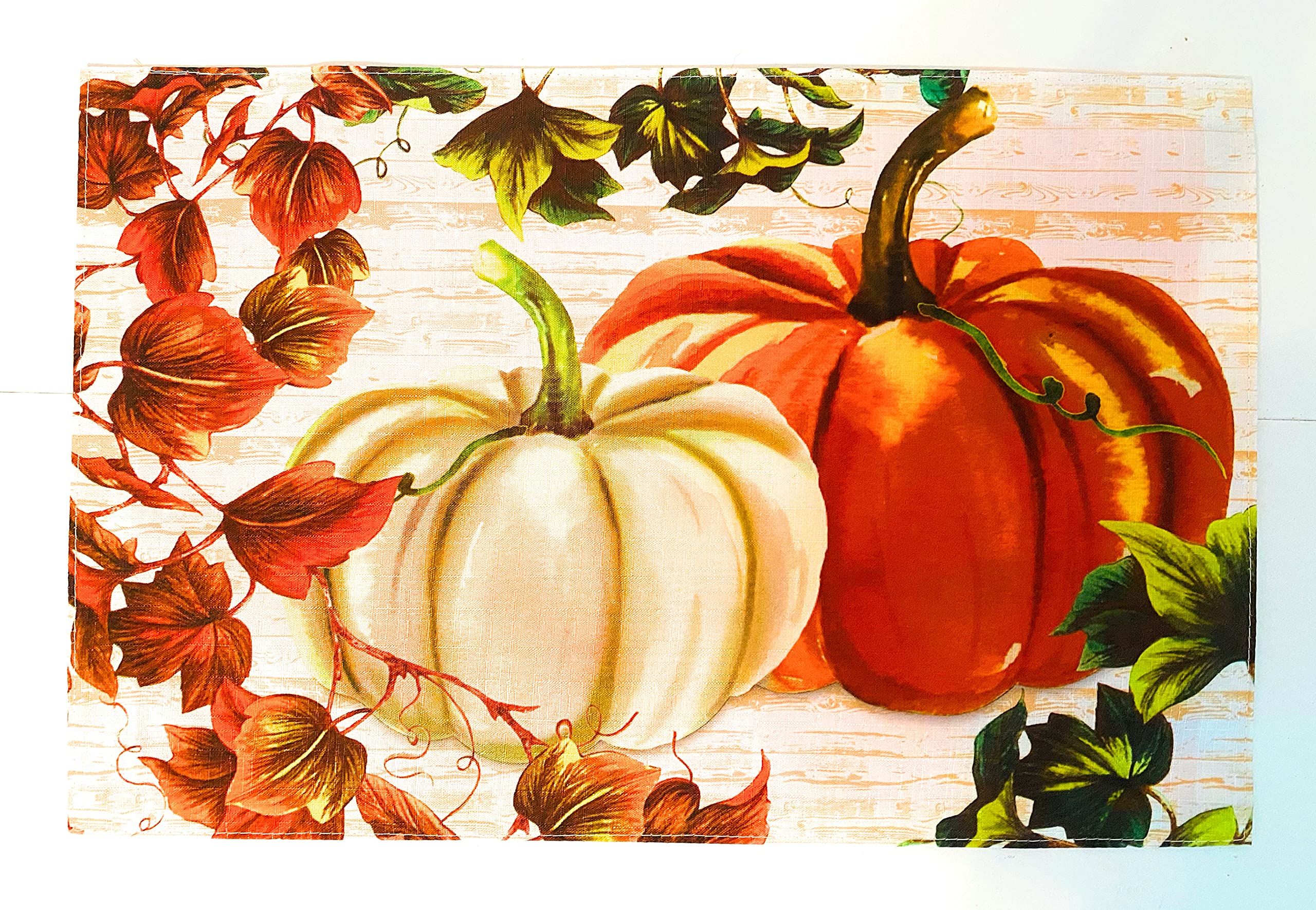 AOLDHYY Windham Home Fabric Fall Table Placemats with Vintage Red Truck, Dog, Falling Autumn Leaves and Pumpkins - Set of 4 (Fall Table Placemat - Harvest Pumpkin)