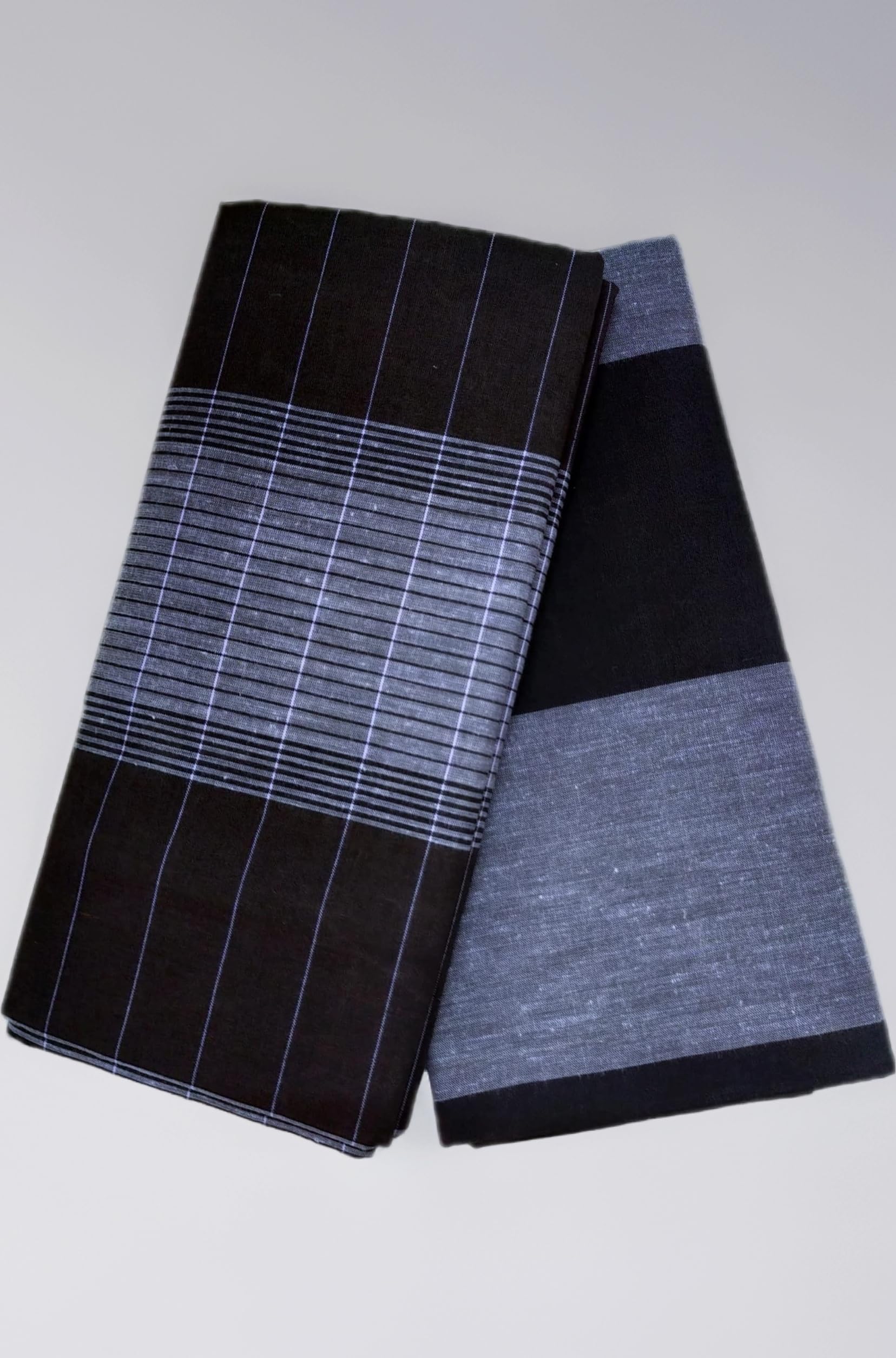 MODHI Black & Grey Lungi For Men || Pure Cotton Fabric, 2.10mts || Stitched || Assorted Design Pack of 2 Lungies || Dhoti/Mundu/Veshti/Kaili/Panchalu