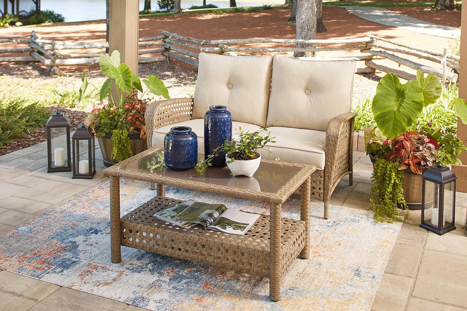 Driftwood Resin Wicker Outdoor Loveseat and Table Set