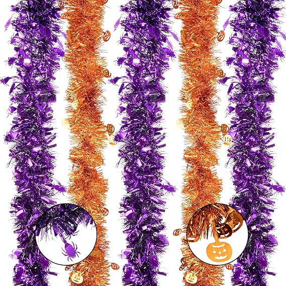 Whaline 4 Pieces 26Ft Halloween Tinsel Garland Orange